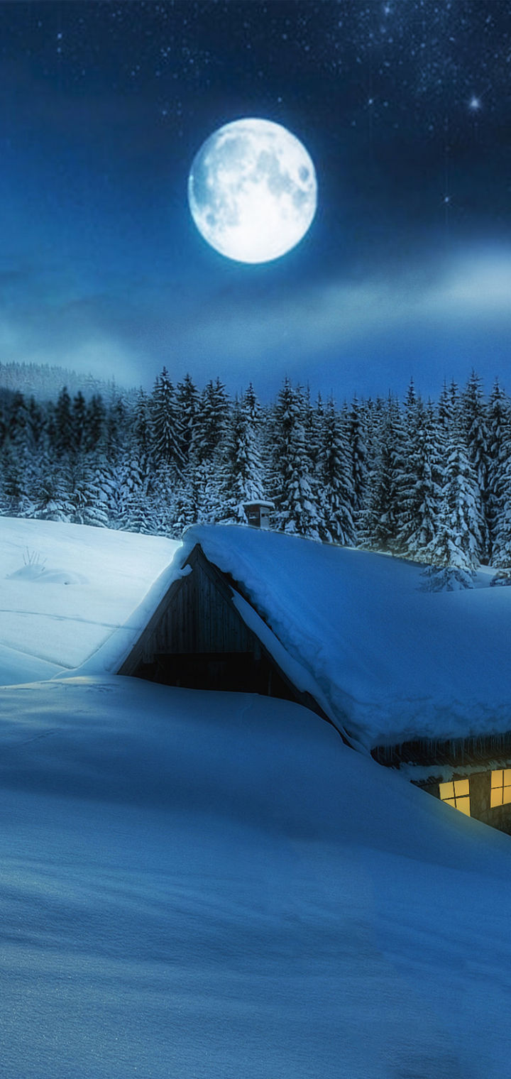 Descarga gratuita de fondo de pantalla para móvil de Invierno, Noche, Luna, Nieve, Fotografía.