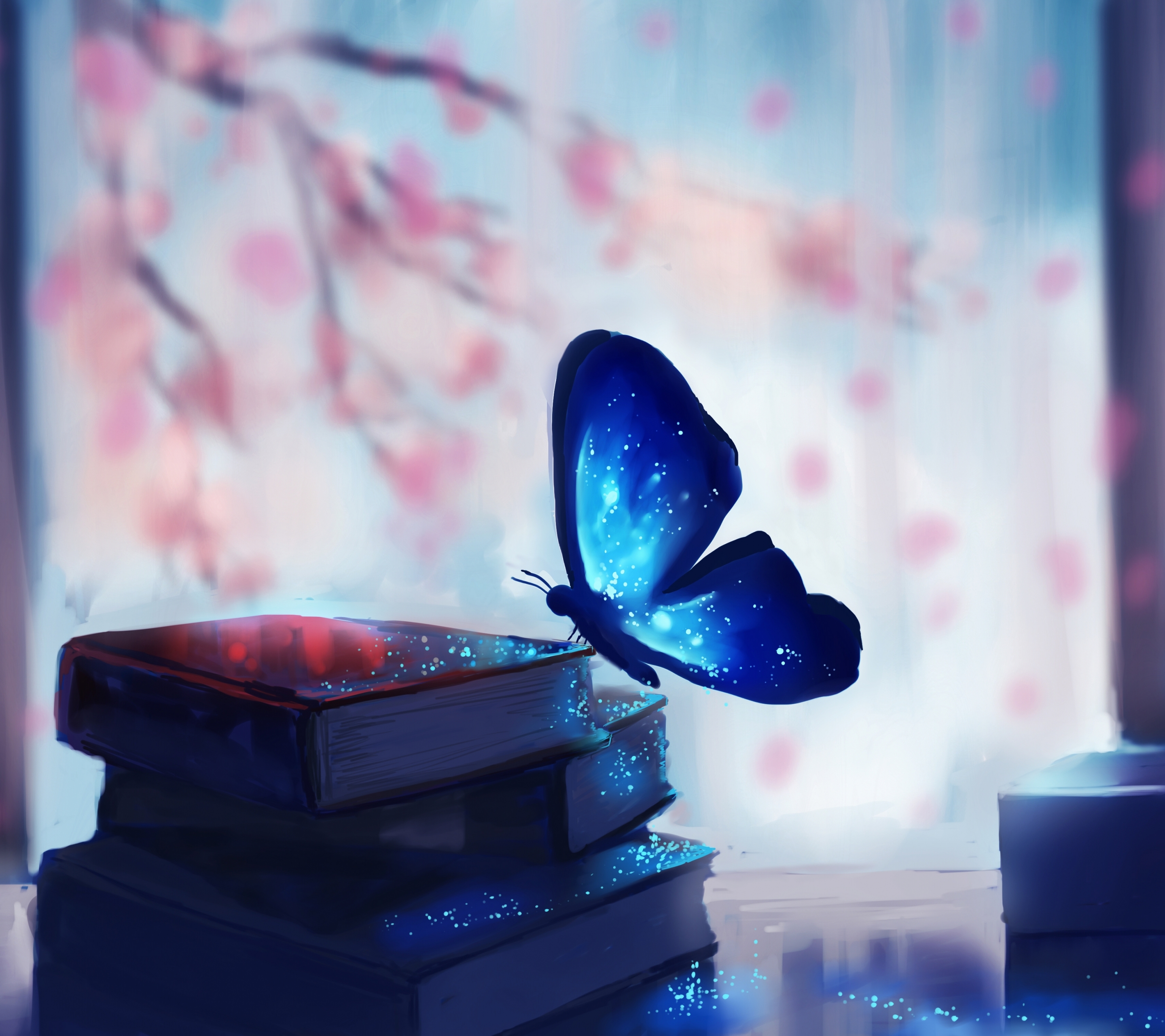 Laden Sie das Schmetterlinge, Fantasie, Schatten, Schmetterling, Buch, Blüte, Künstlerisch, Funkeln-Bild kostenlos auf Ihren PC-Desktop herunter