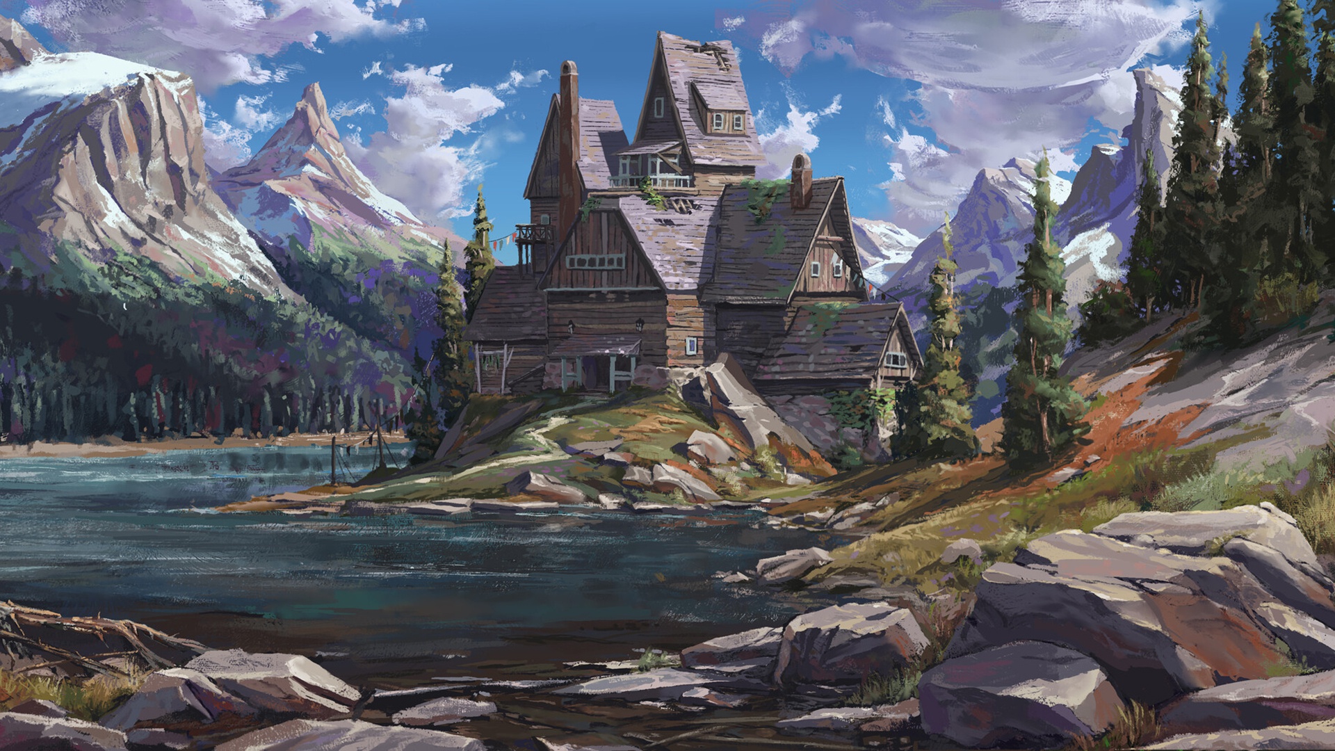 fantasy, house, building, mountain, peak
