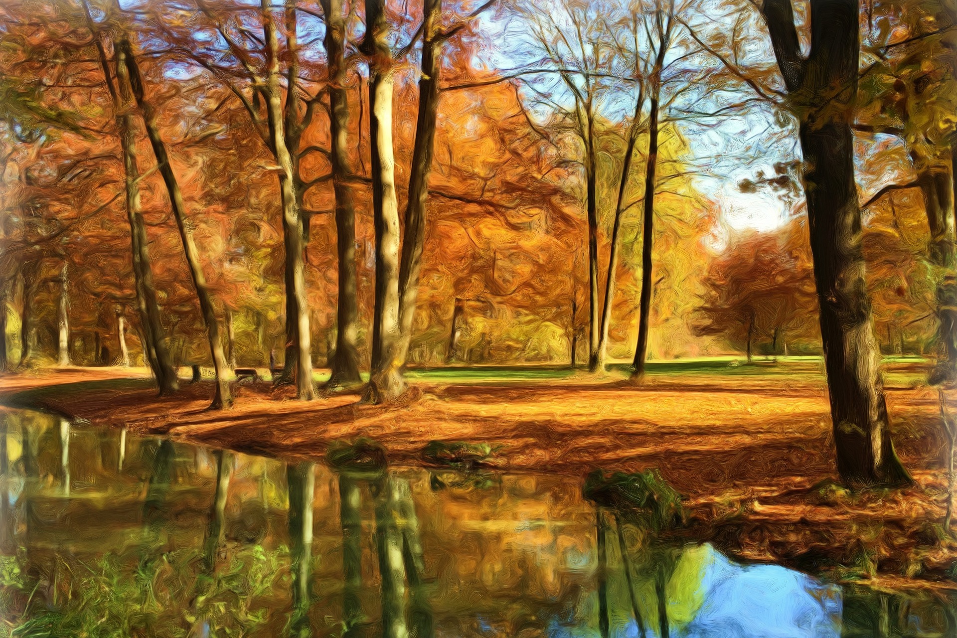 Free download wallpaper Landscape, Nature, Reflection, Park, Tree, Painting, Artistic, Oil Painting on your PC desktop