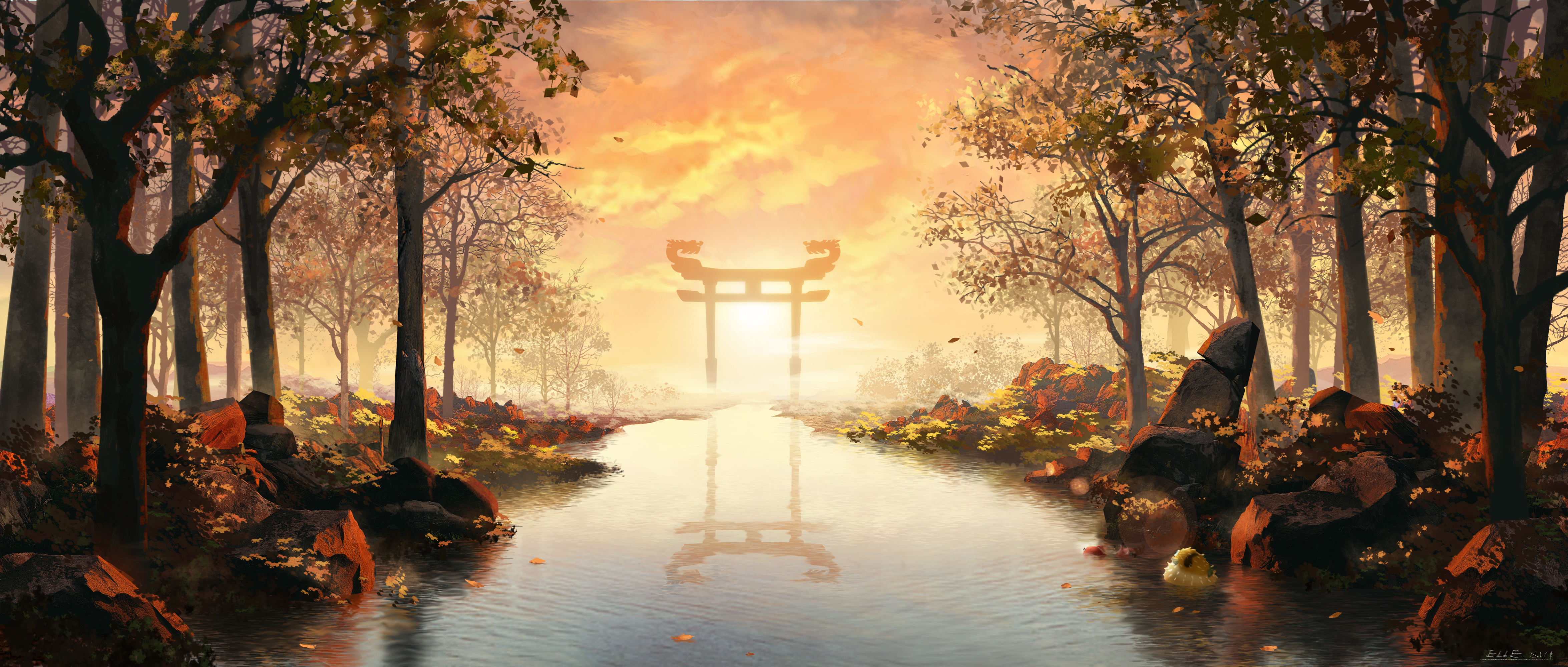 Laden Sie das Landschaft, Fluss, Sonnenuntergang, Animes-Bild kostenlos auf Ihren PC-Desktop herunter