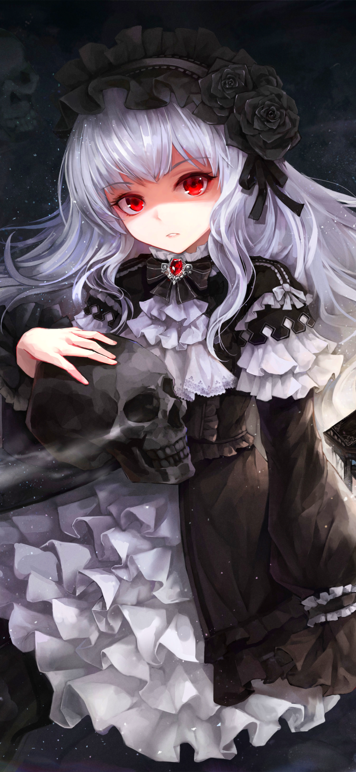 Download mobile wallpaper Anime, Skull, Original, Red Eyes, White Hair for free.