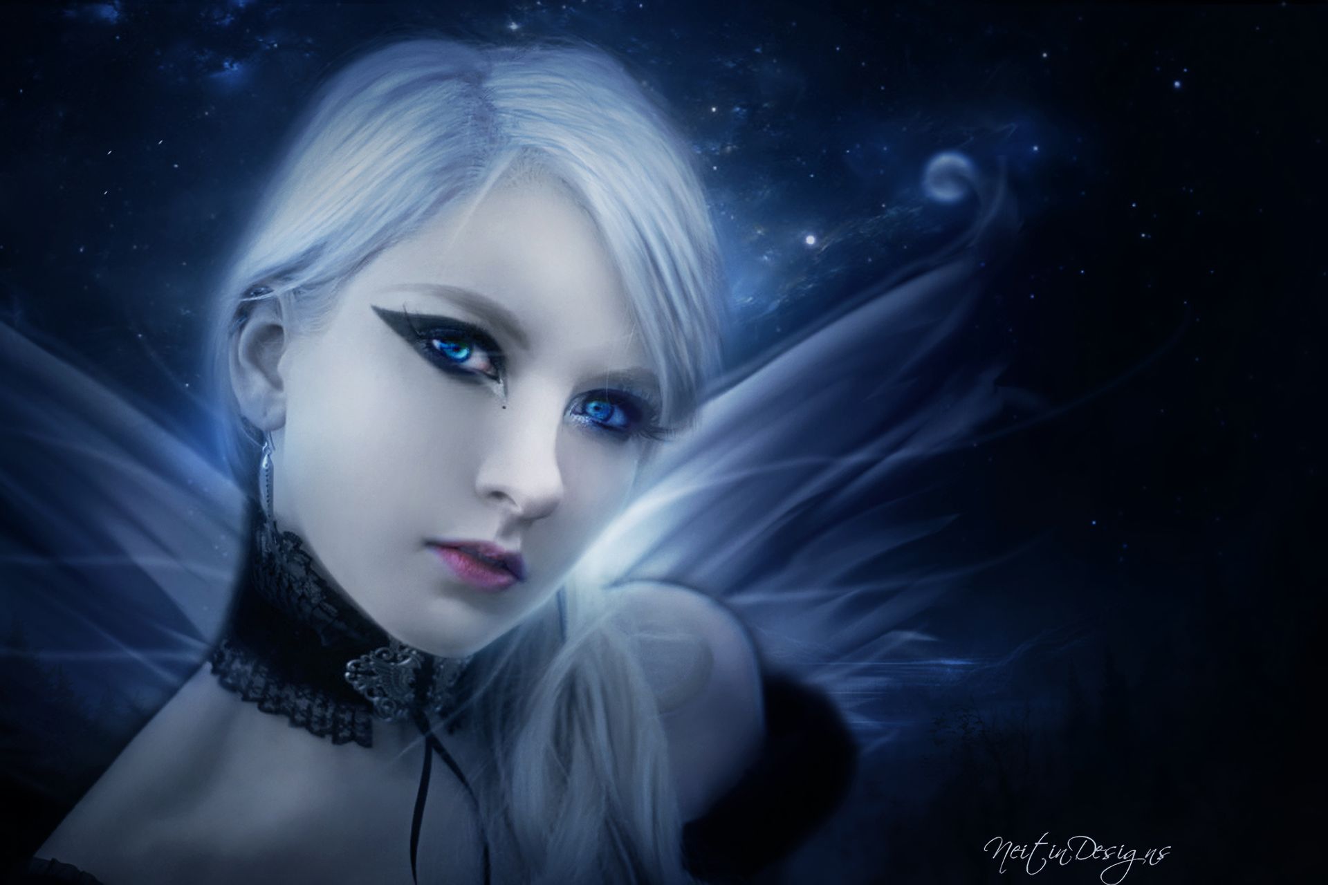 Free download wallpaper Fantasy, Night, Moon, Angel, Women, Blue Eyes, White Hair on your PC desktop