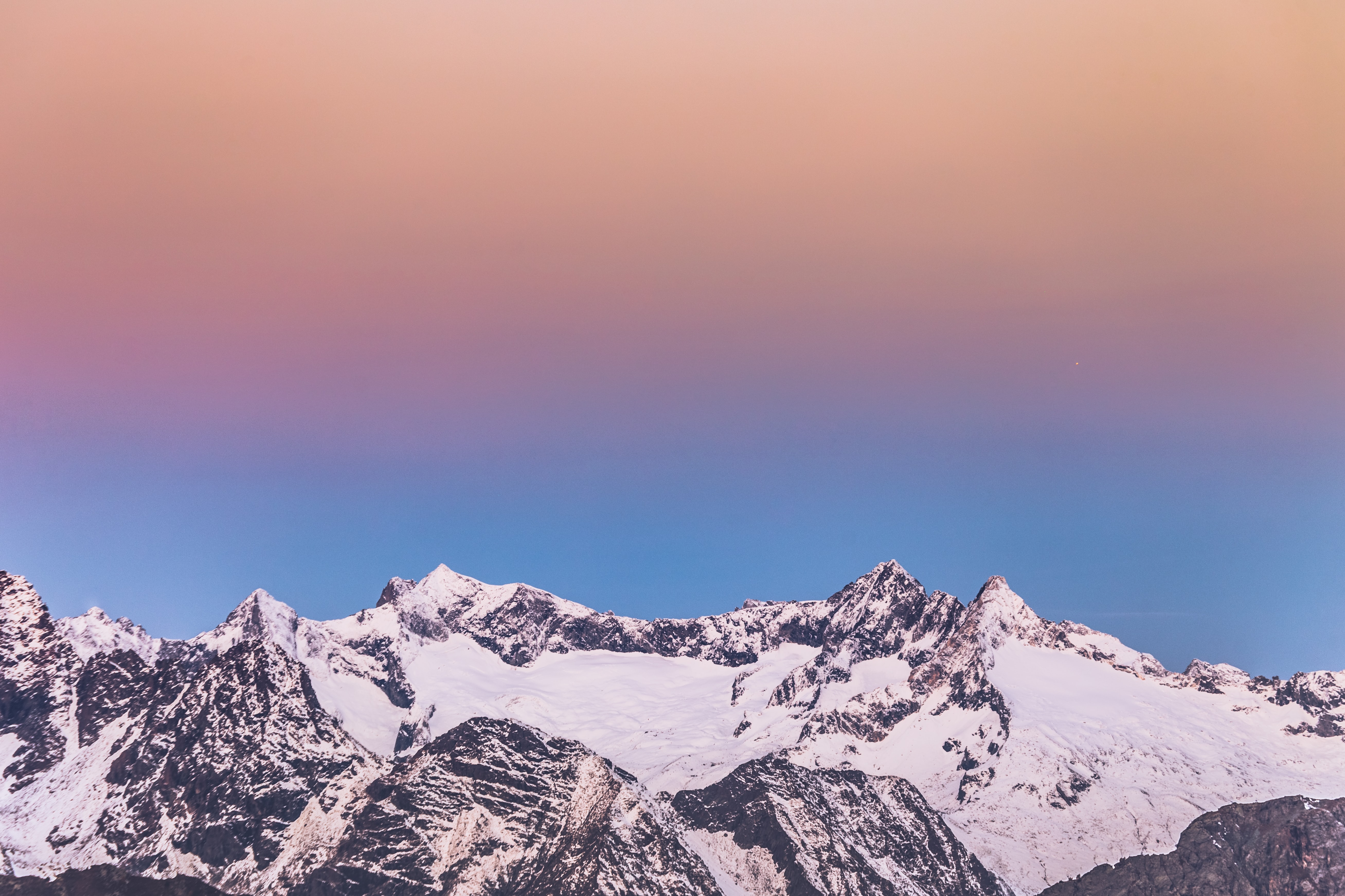 Download mobile wallpaper Dusk, Winter, Mountains, Snow, Twilight, Nature, Landscape for free.