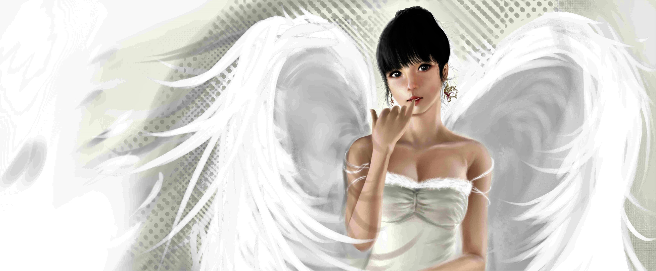無料モバイル壁紙ファンタジー, 天使, 翼, イヤリング, 黒髪をダウンロードします。