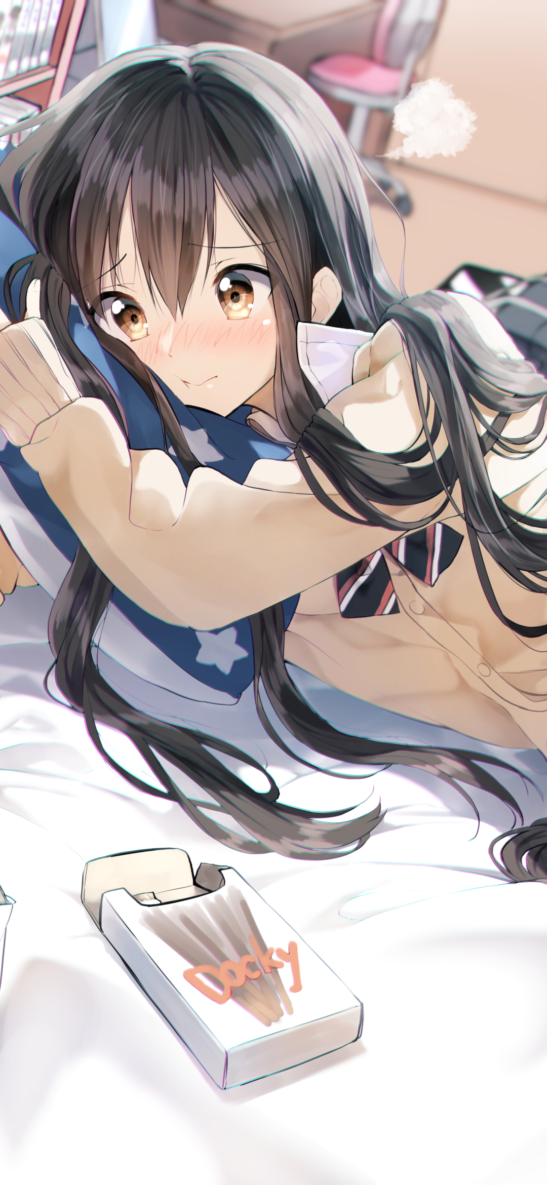 Download mobile wallpaper Anime, Girl, School Uniform, Brown Eyes, Black Hair, Long Hair, Lying Down for free.