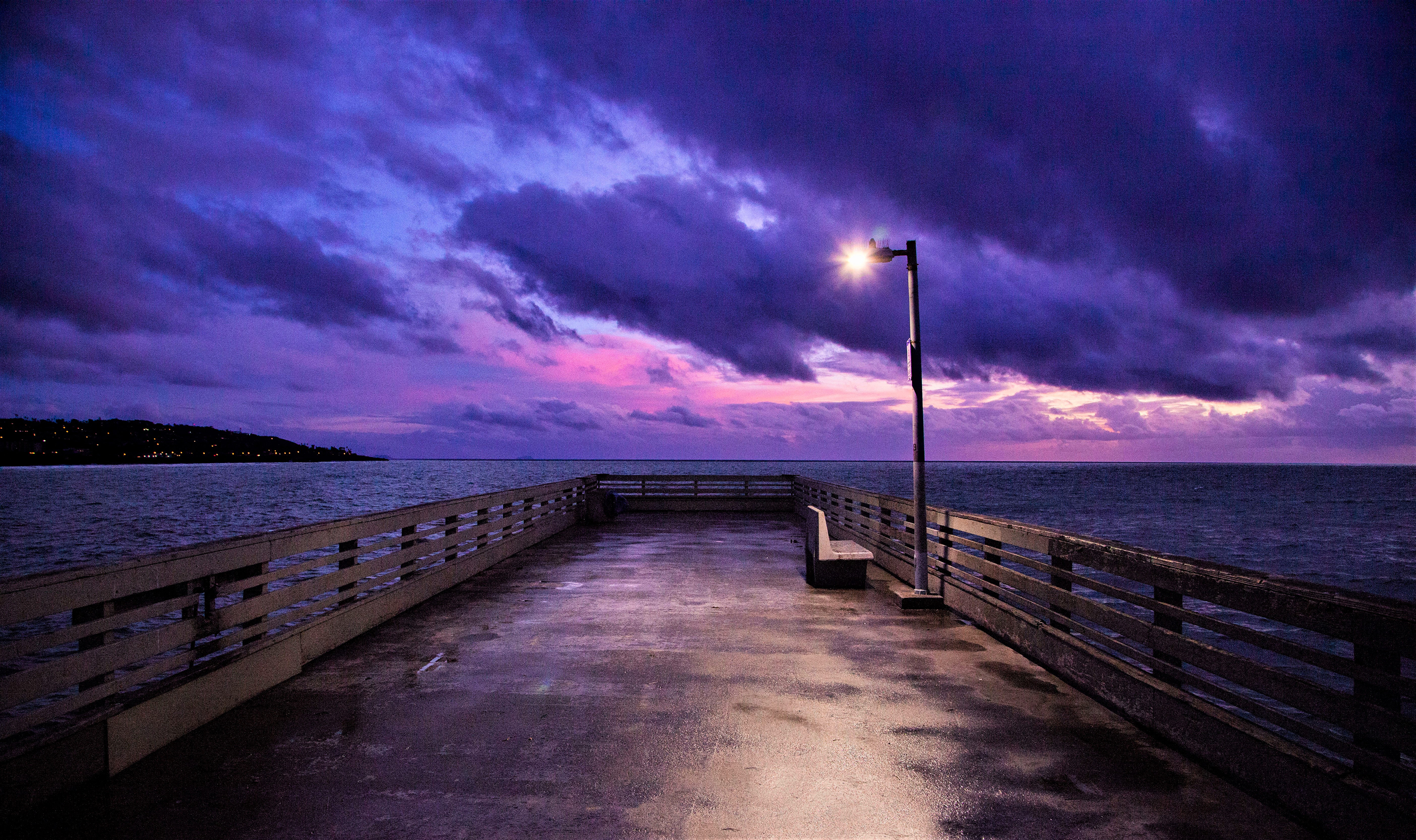 Download mobile wallpaper Sunset, Sky, Horizon, Pier, Earth, Purple, Man Made for free.
