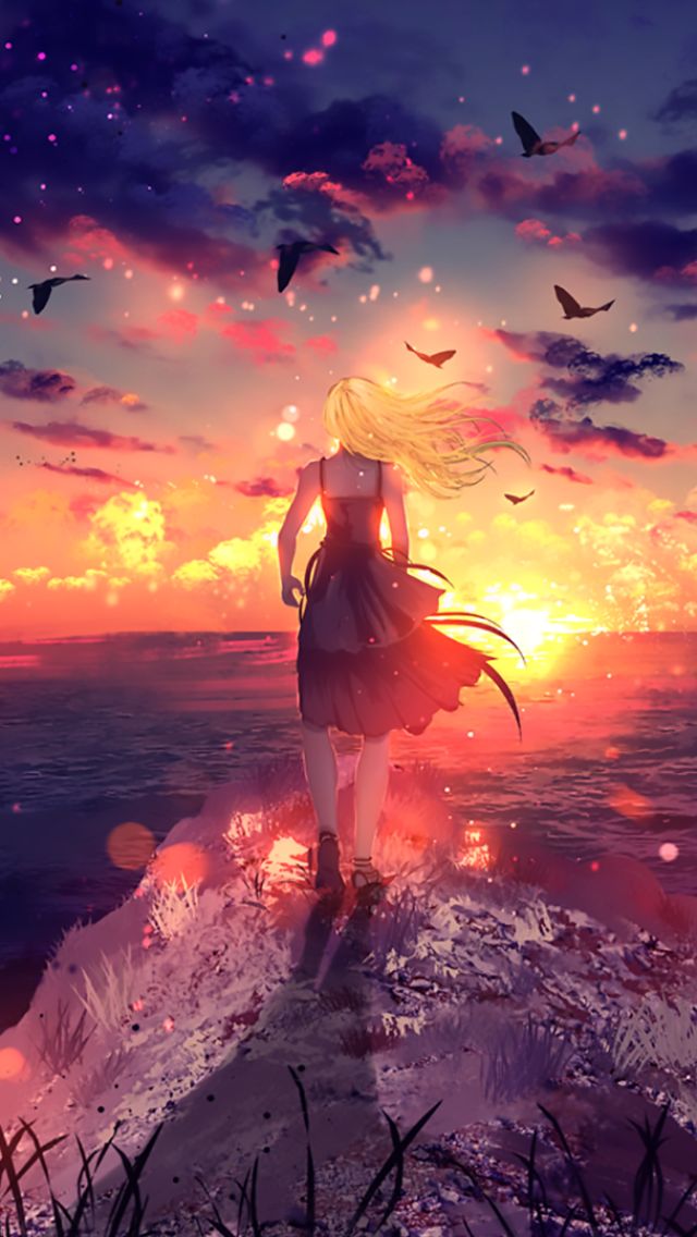 Download mobile wallpaper Anime, Sunset, Sky, Bird, Cloud, Blonde, Original for free.