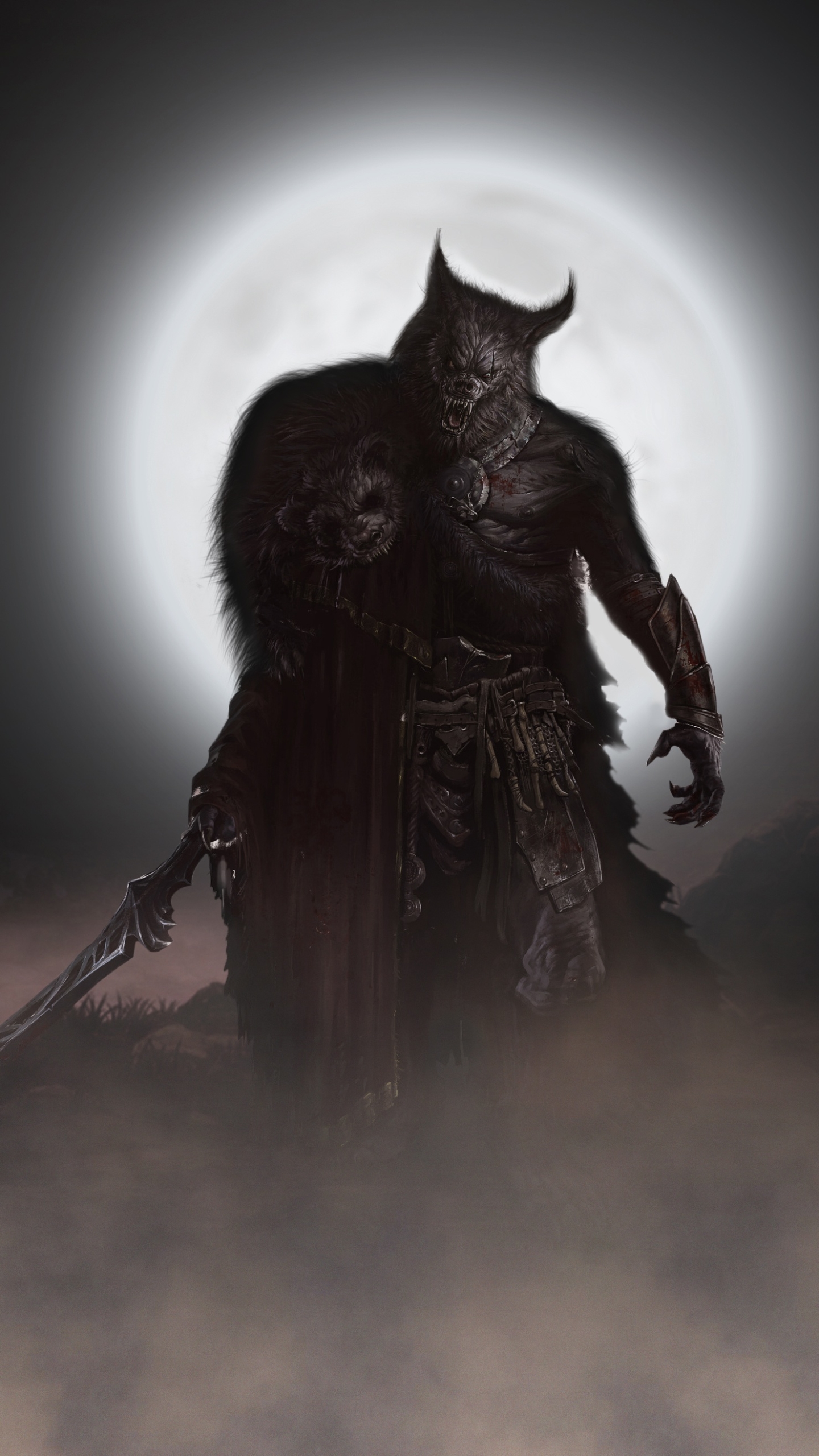 Download mobile wallpaper Night, Dark, Warrior, Werewolf for free.