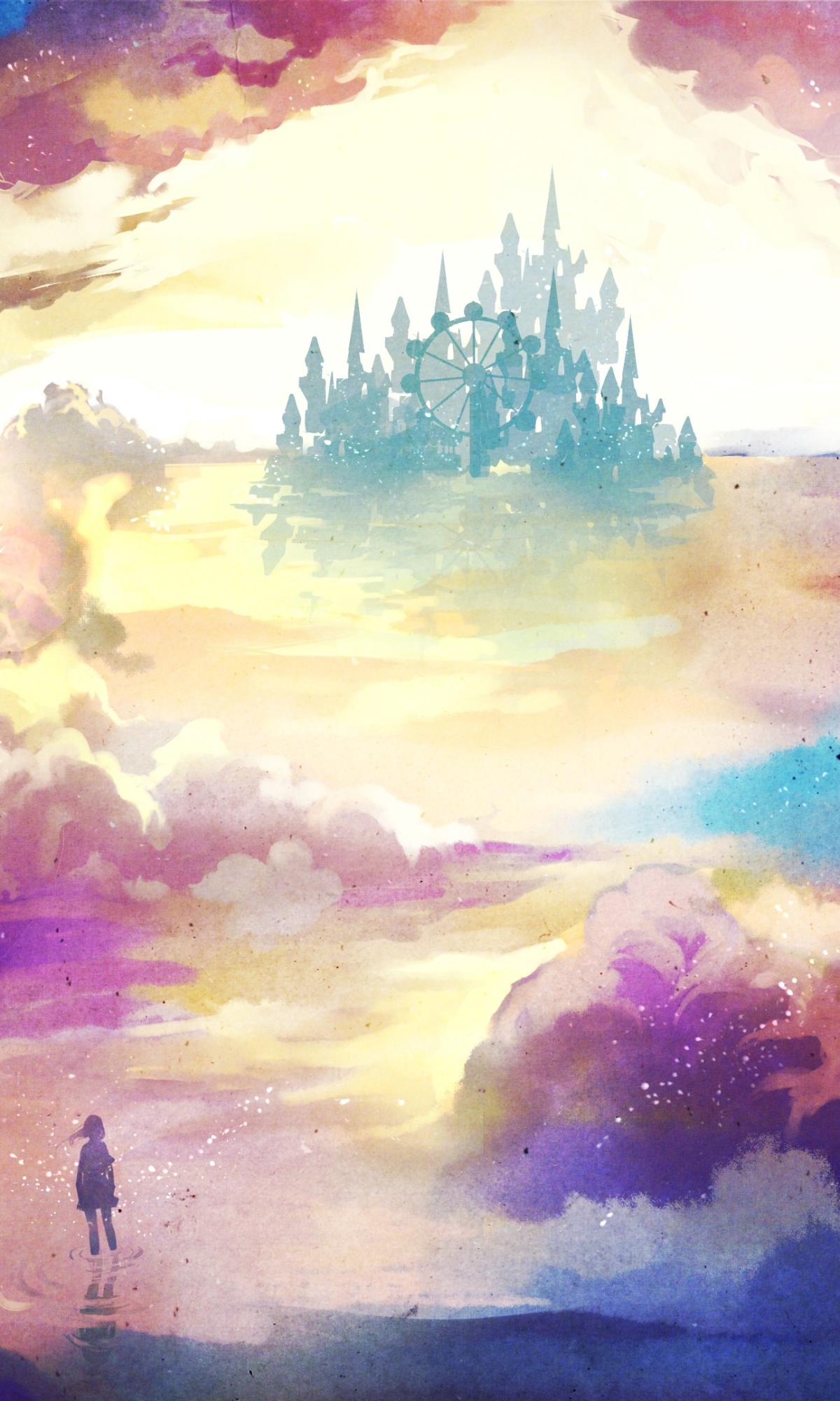 Download mobile wallpaper Anime, Landscape, Sky, Sun, Colorful, Ferris Wheel, Cloud, Original, Castle for free.