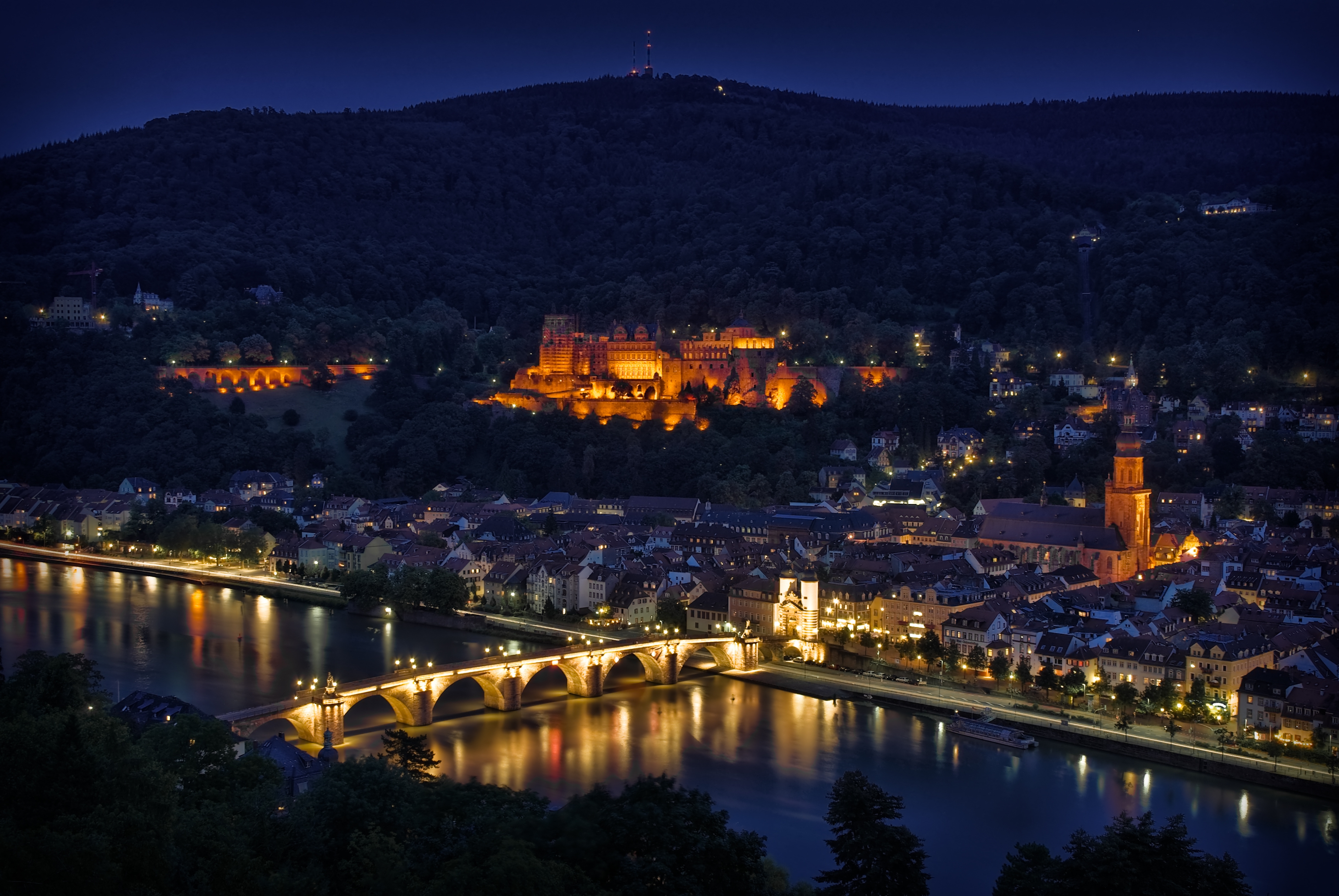 germany, heidelberg, height, cities, rivers, night, lights, reflection, bridge, backlight, illumination, view, panorama