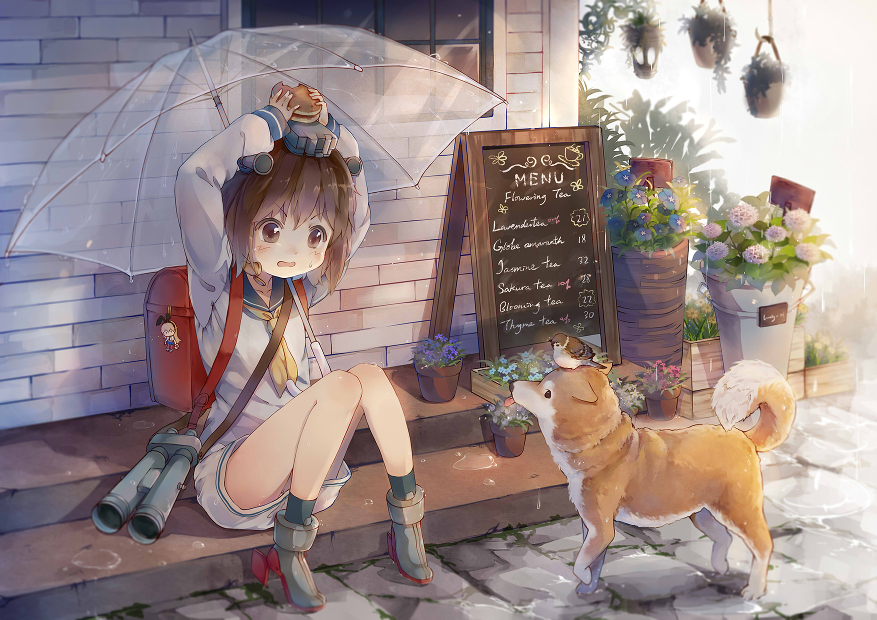 kantai collection, anime, dog, flower, rain, short hair, umbrella, yukikaze (kancolle)