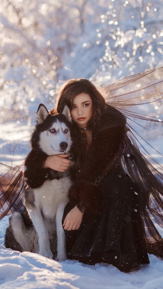 Download mobile wallpaper Winter, Dog, Husky, Model, Women for free.
