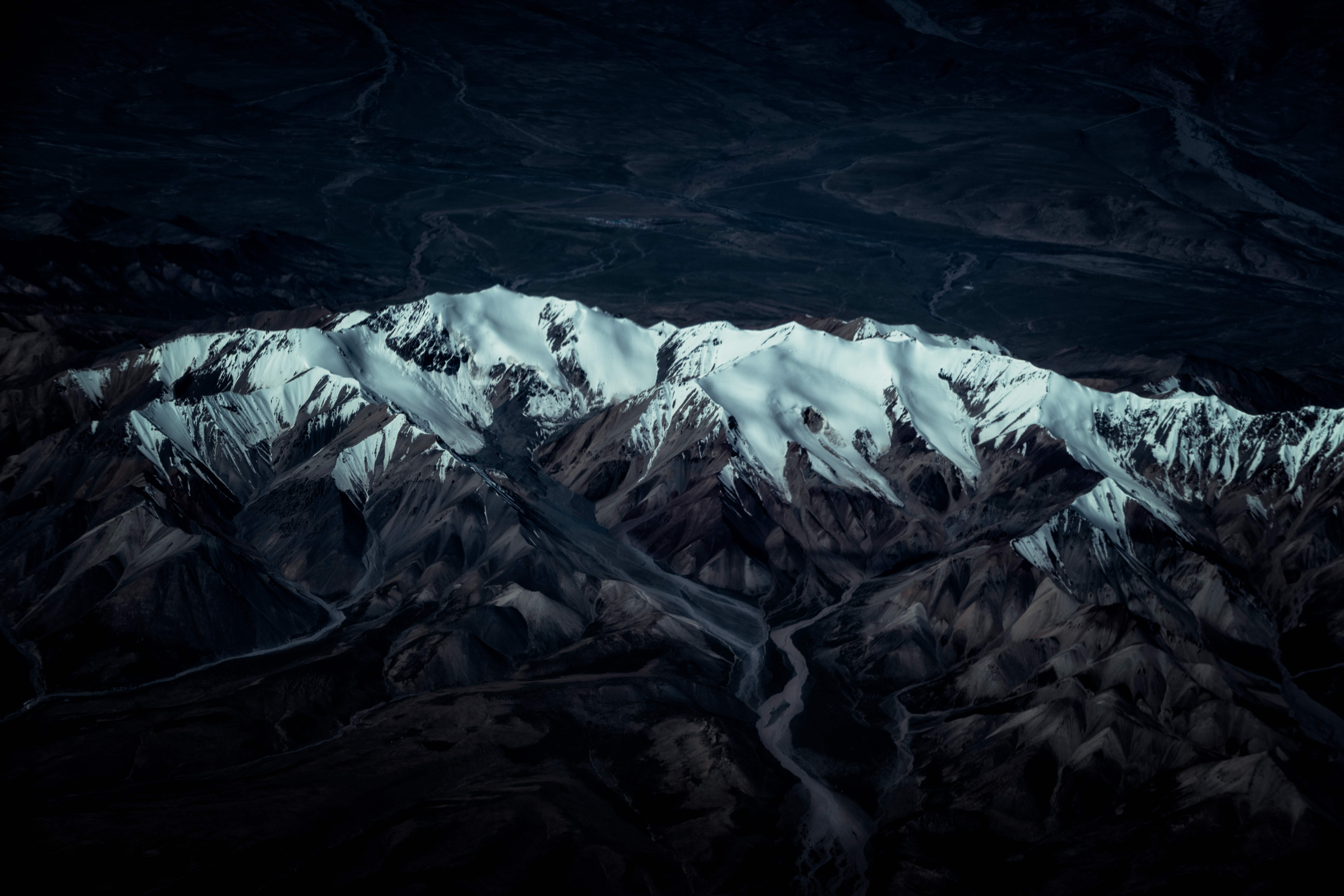 snow, tops, dark, mountains, view from above, vertex, relief