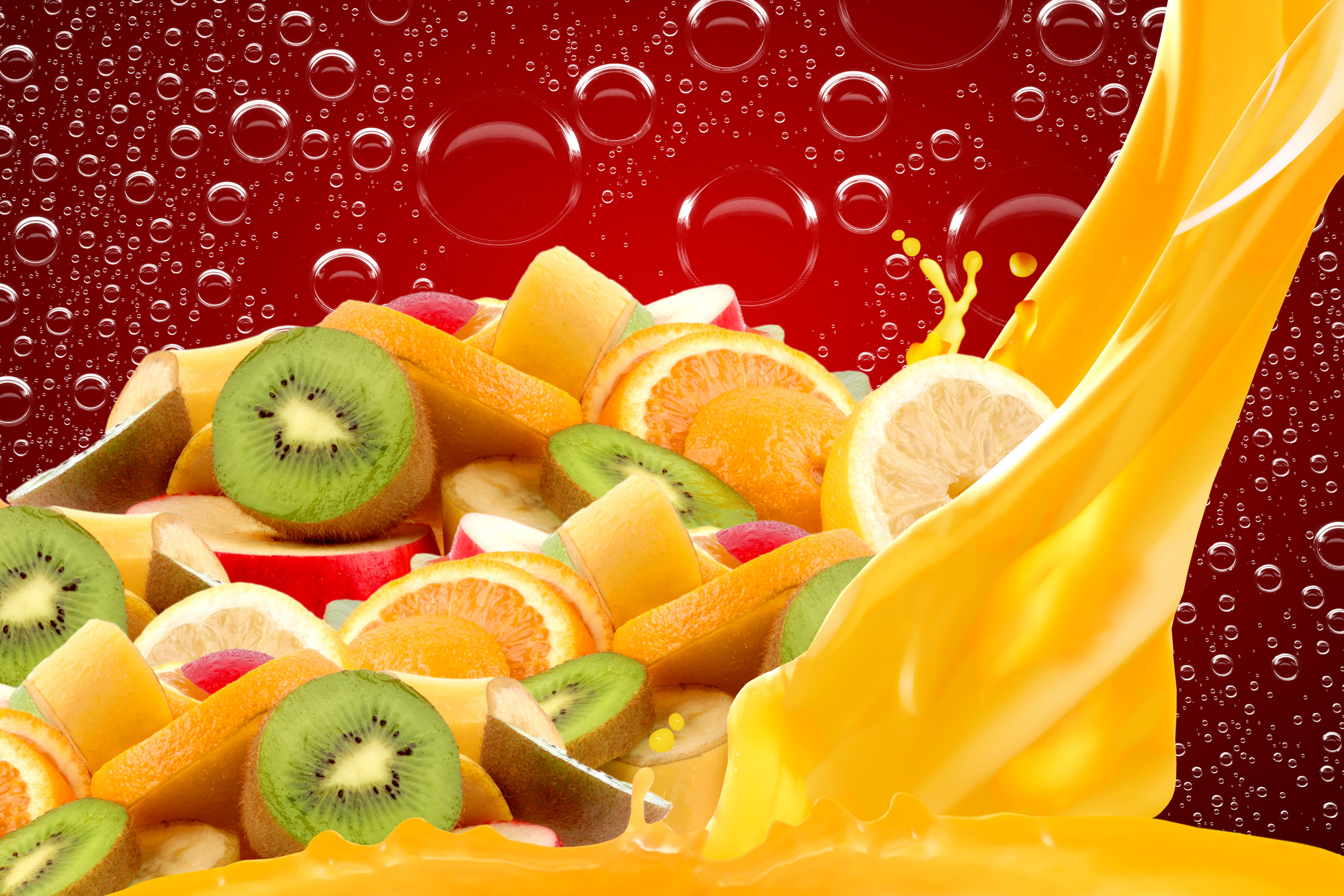 Download mobile wallpaper Fruits, Food, Kiwi, Fruit, Bubble, Orange (Fruit) for free.
