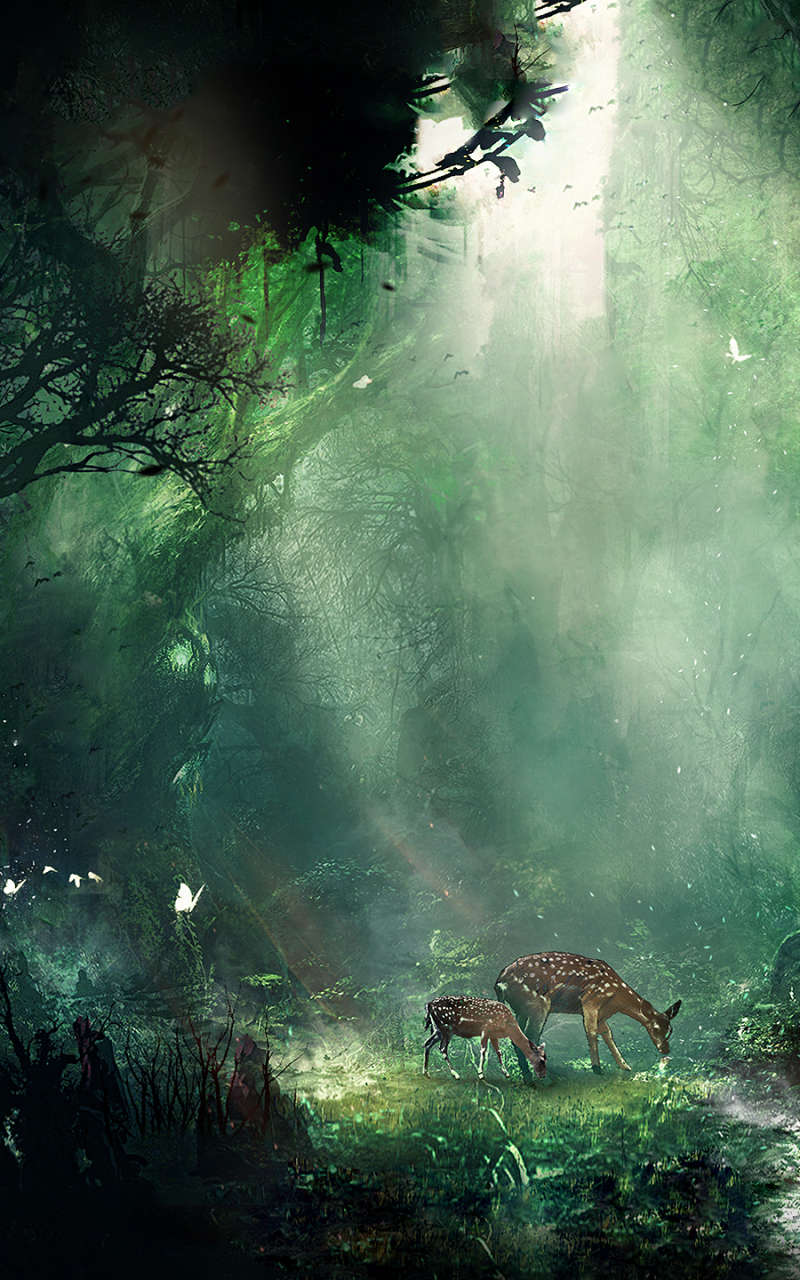 Download mobile wallpaper Fantasy, Forest, Fawn, Deer for free.