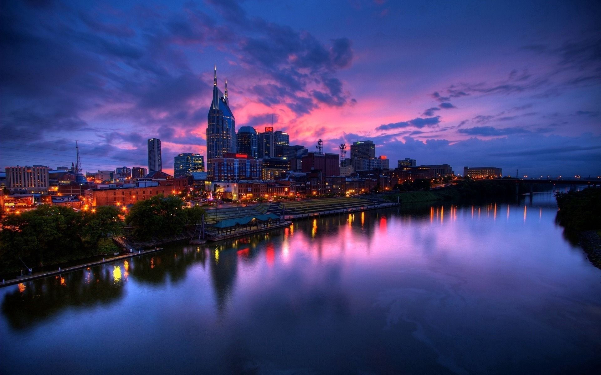 building, cities, rivers, night, city, shore, bank, skyscrapers, lilac sunset