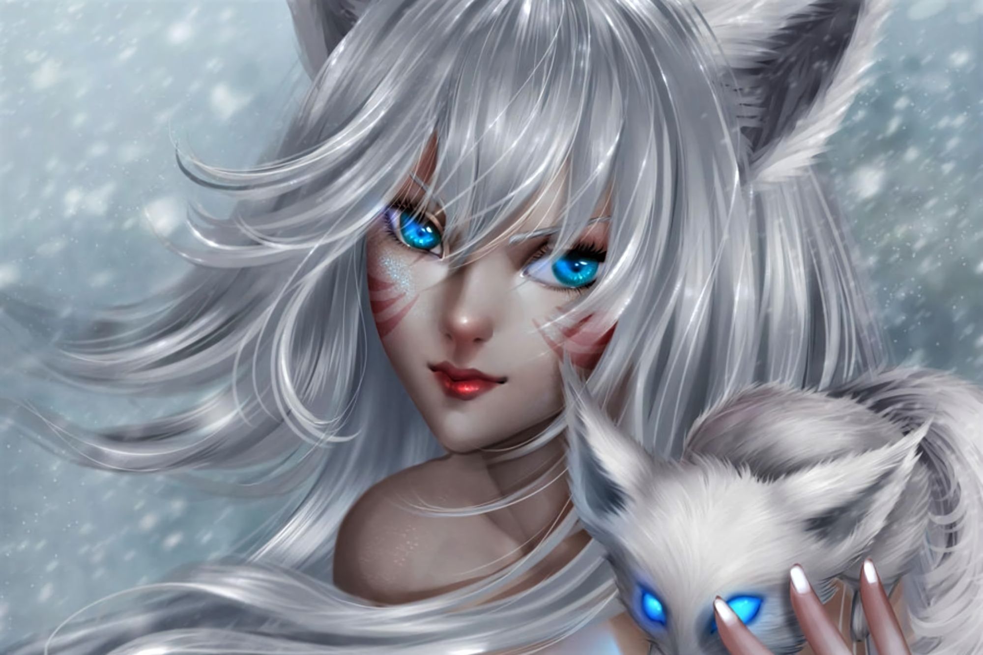 Descarga gratuita de fondo de pantalla para móvil de Fantasía, Gato, Ojos Azules, Mujeres, Pelo Blanco, Orejas De Animales.