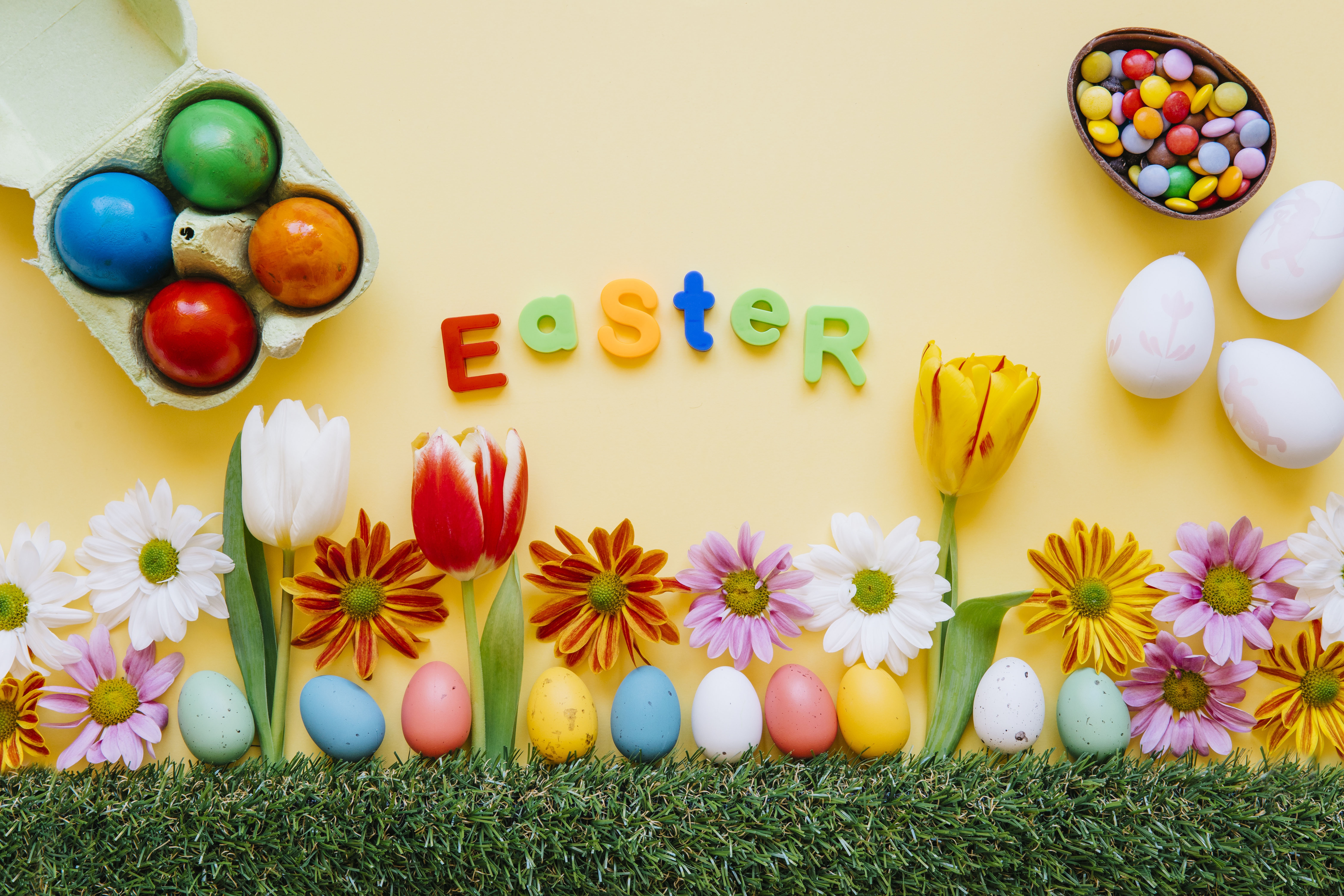 Download mobile wallpaper Easter, Still Life, Flower, Holiday, Colors, Tulip, Candy, Easter Egg for free.
