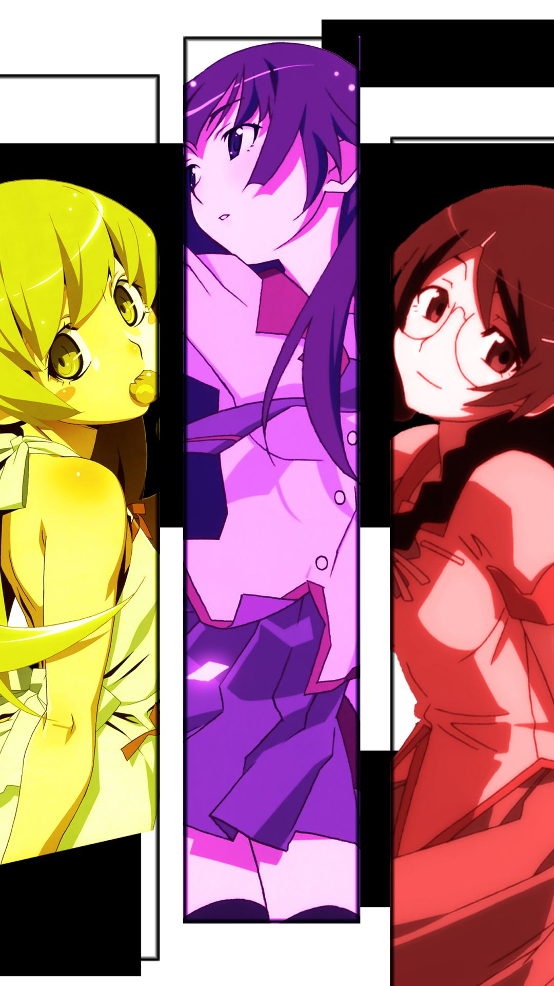 Handy-Wallpaper Animes, Monogatari (Serie), Hitagi Senjogahara, Shinobu Oshino, Tsubasa Hanekawa kostenlos herunterladen.