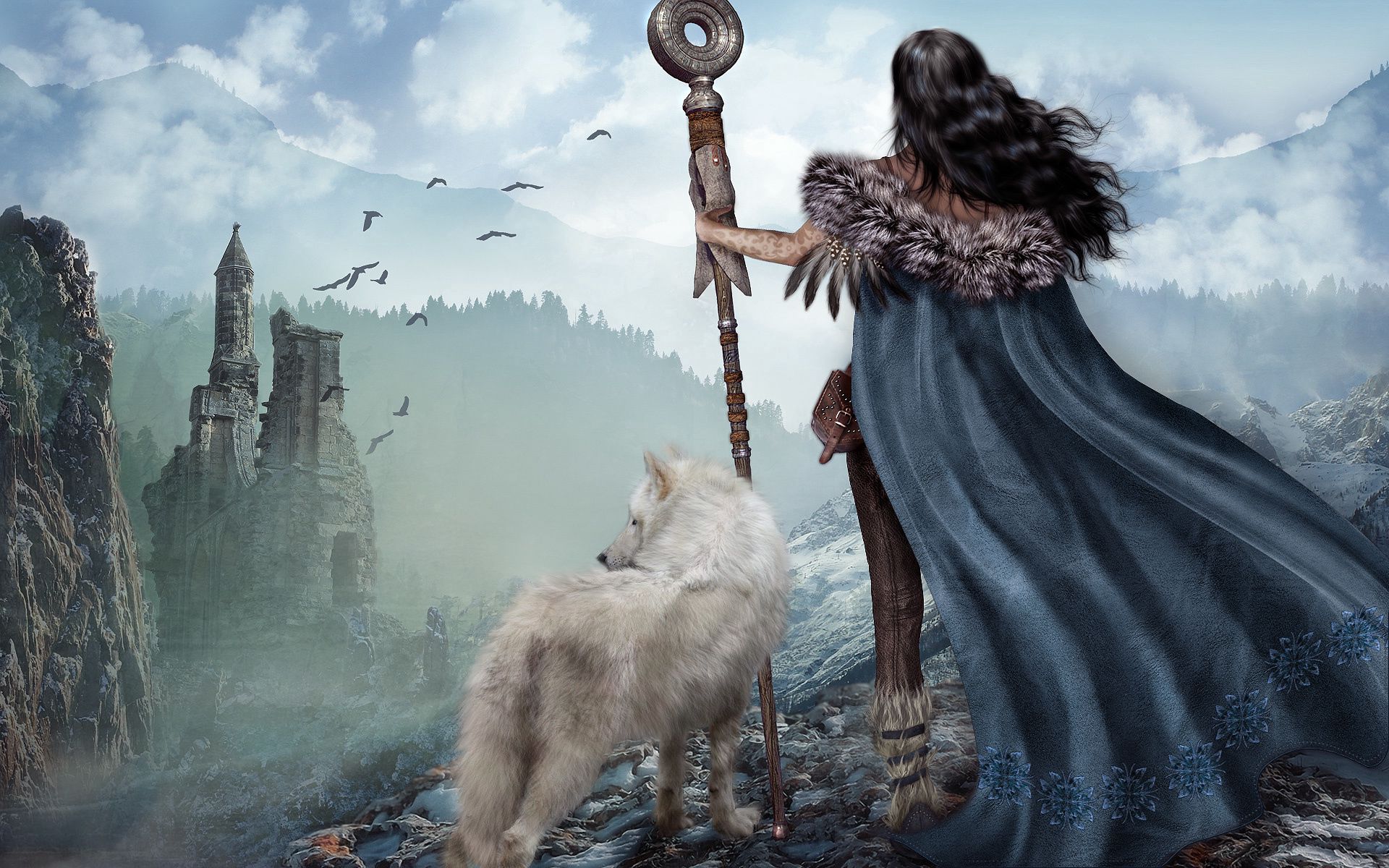 warrior, fantasy, wolf, mountains, girl, ruins download HD wallpaper