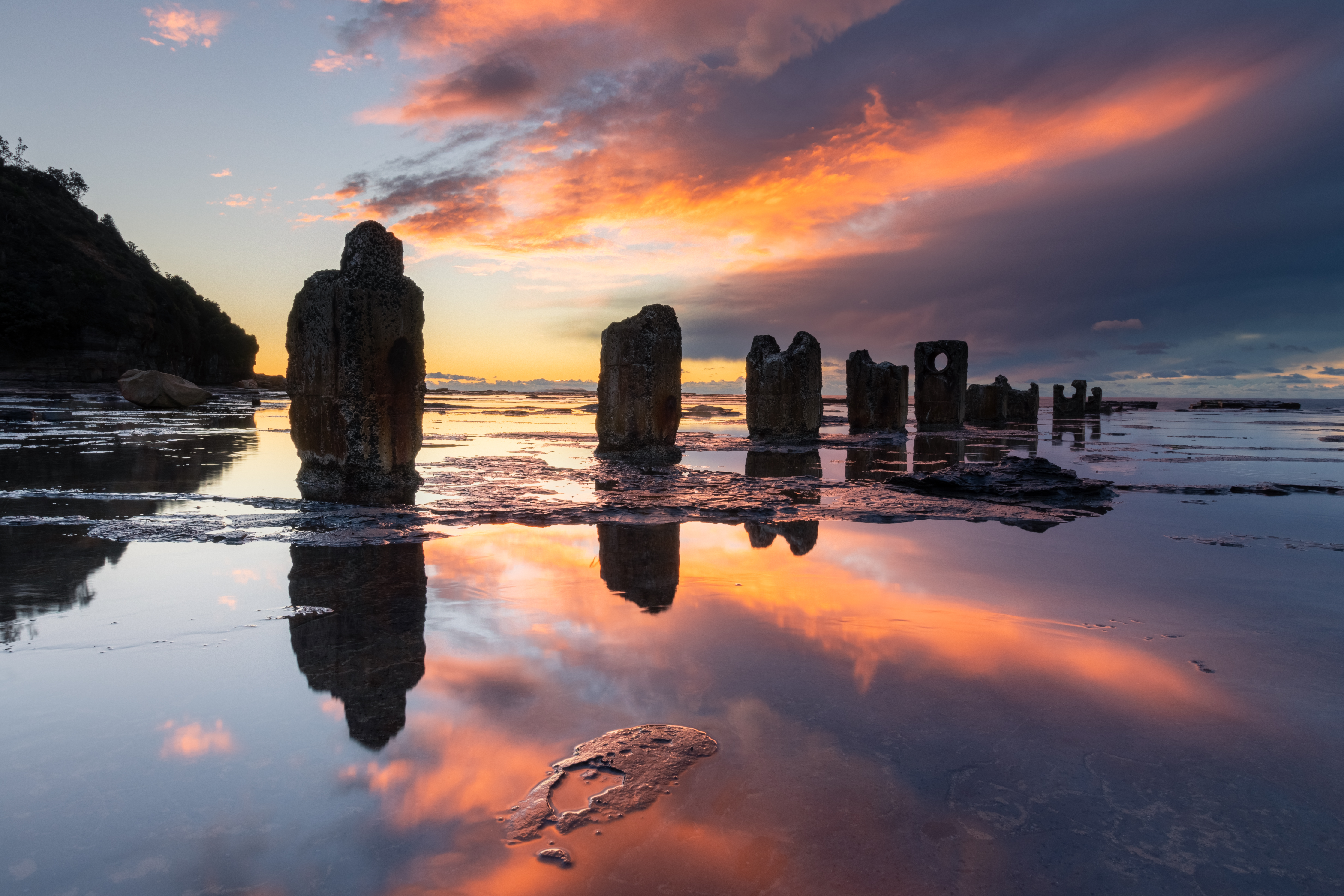nature, water, sunset, stones, reflection, pillars, posts