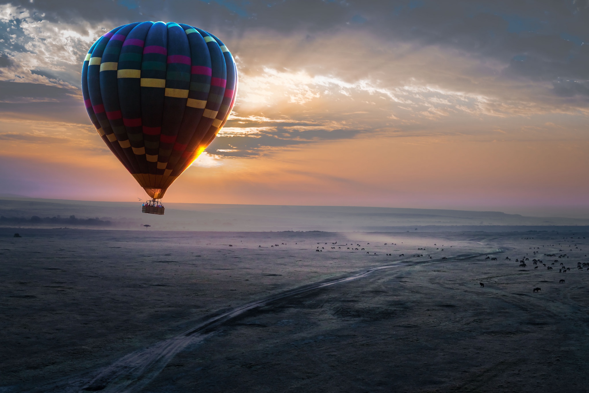 Download mobile wallpaper Landscape, Sky, Sunrise, Vehicles, Hot Air Balloon for free.