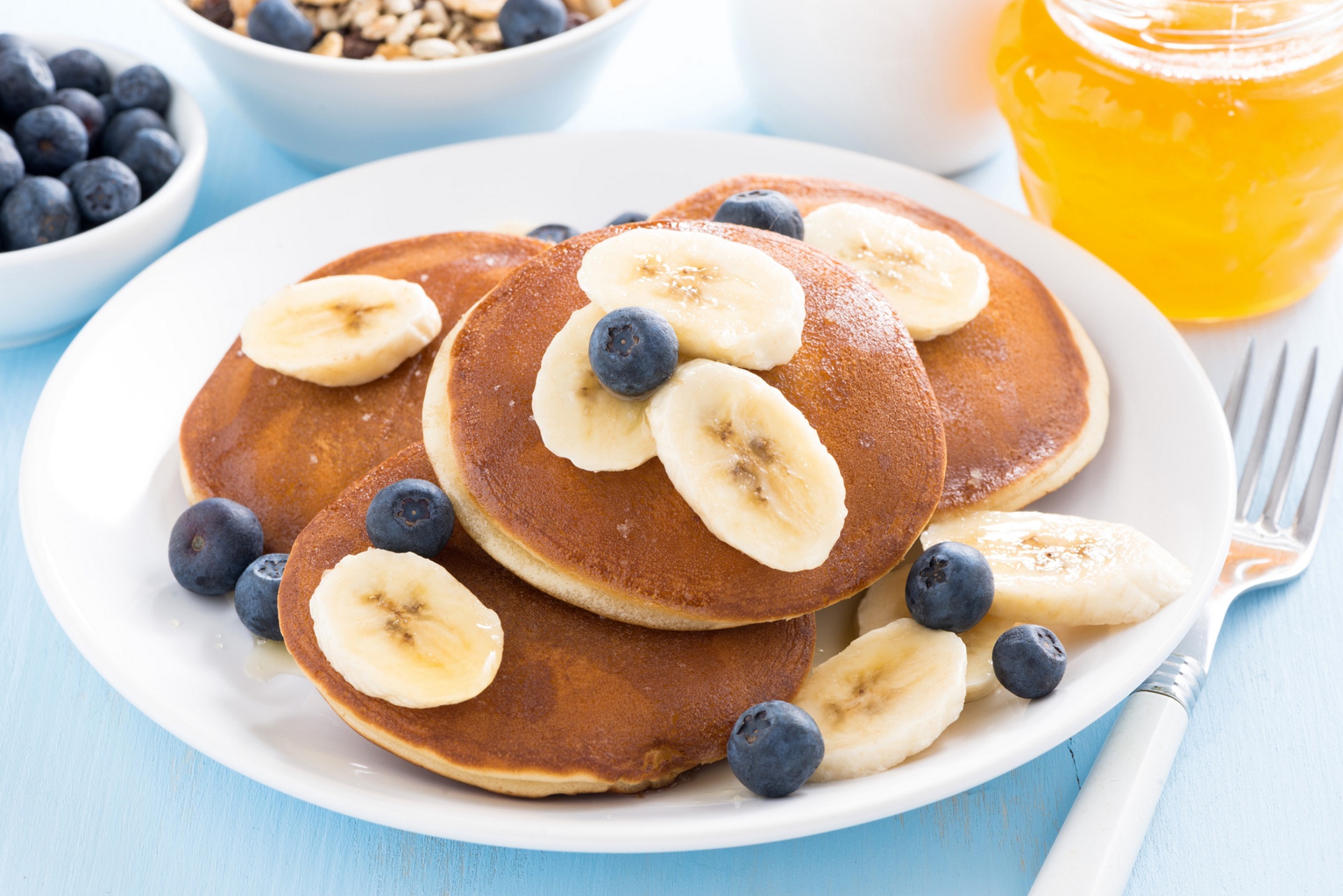 Free download wallpaper Food, Blueberry, Banana, Breakfast, Pancake on your PC desktop