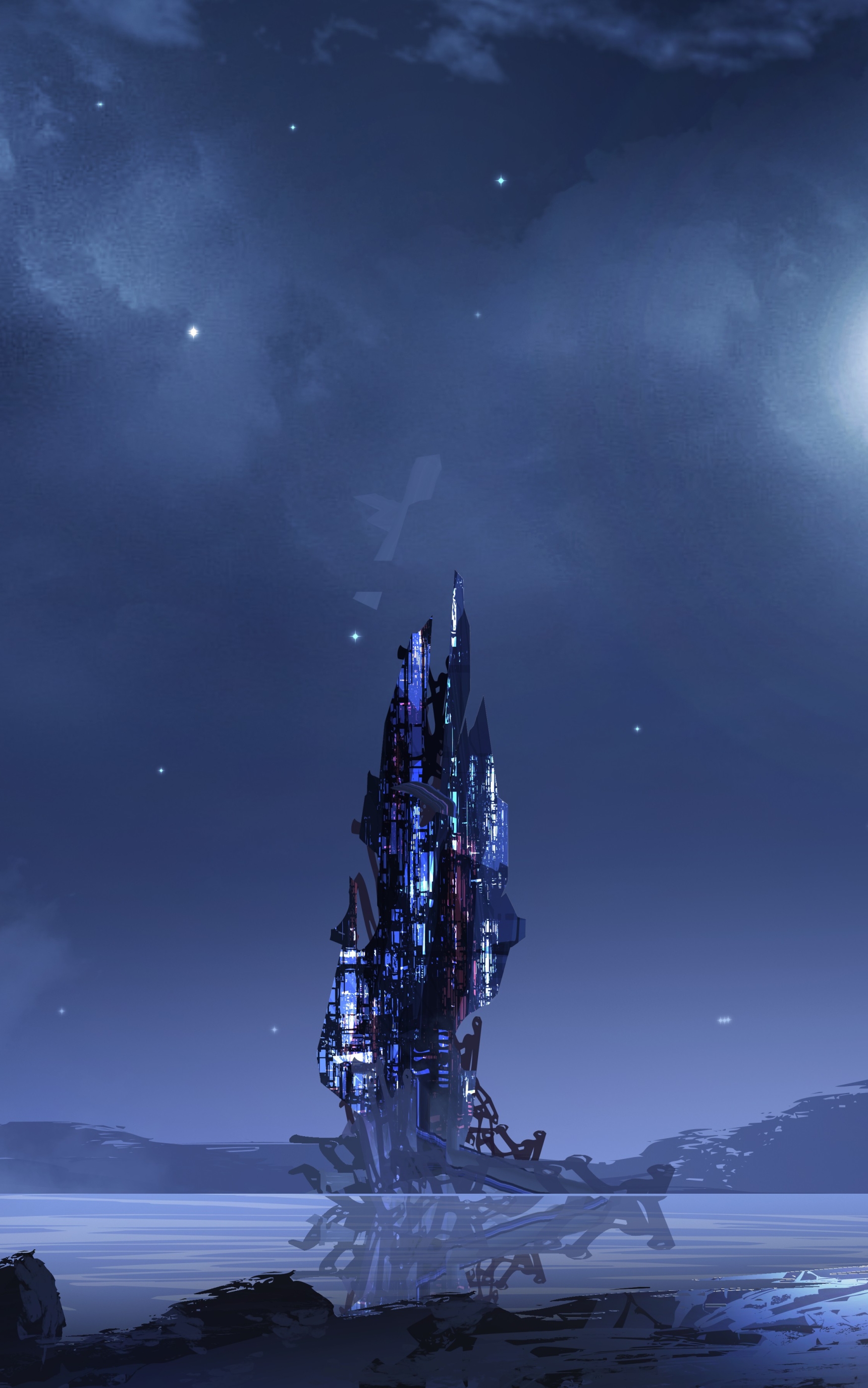 Download mobile wallpaper Night, Moon, City, Tower, Sci Fi, Futuristic for free.