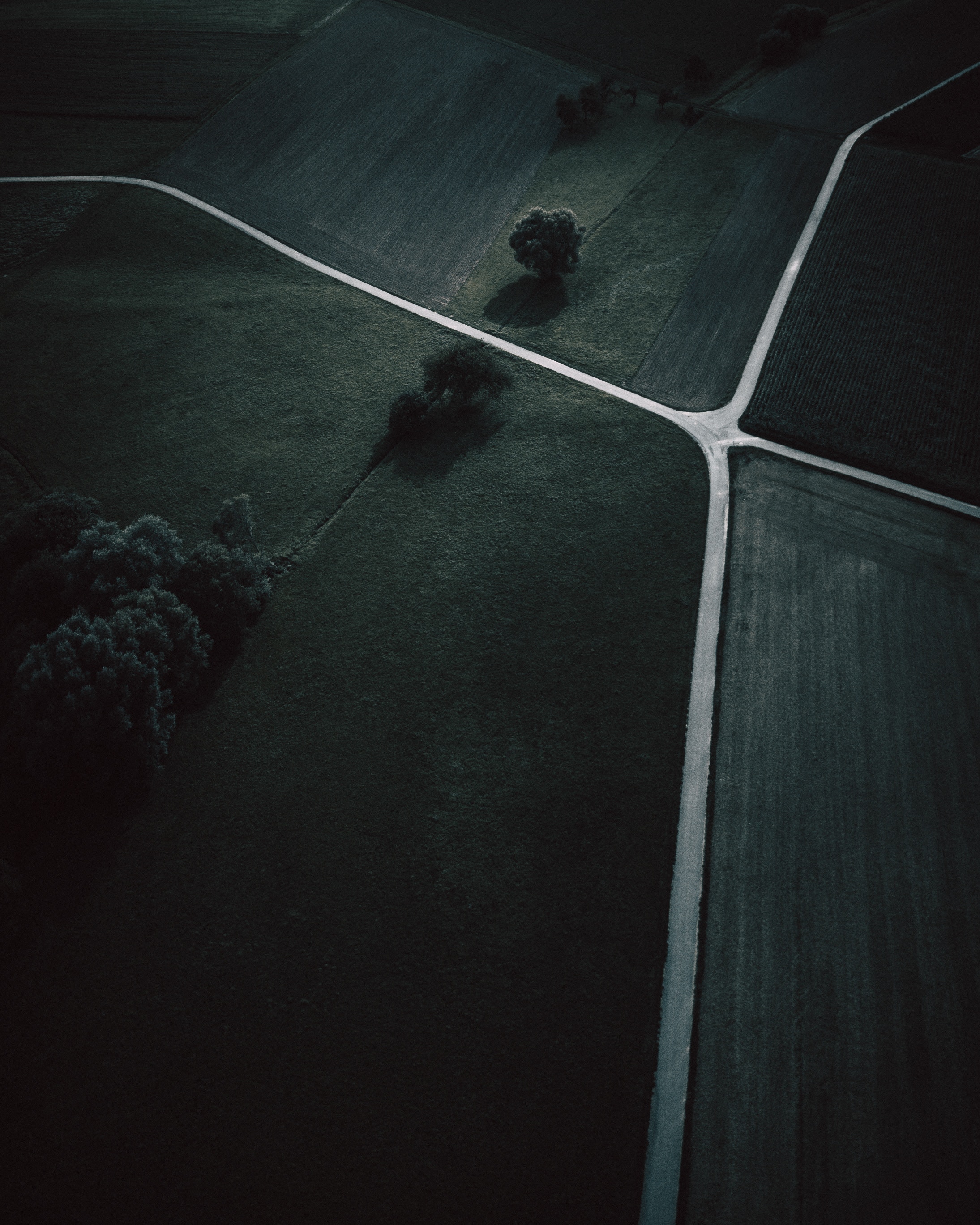 Download mobile wallpaper Nature, View From Above, Field, Grass, Trees, Dark for free.