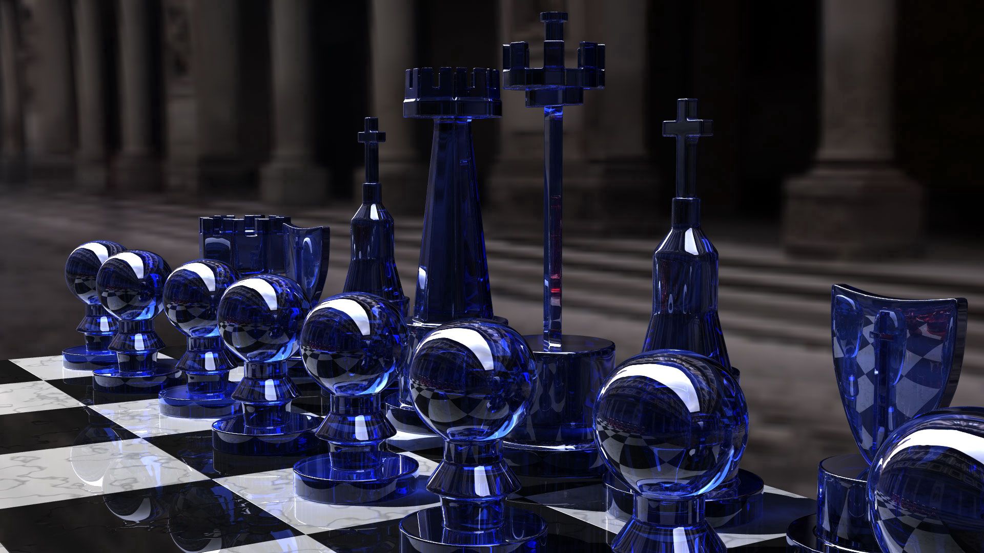 142259 завантажити картинку шахи, 3d, об'ємний об'ємний, синій, форма, скло, склянка, борт, дошка - шпалери і заставки безкоштовно