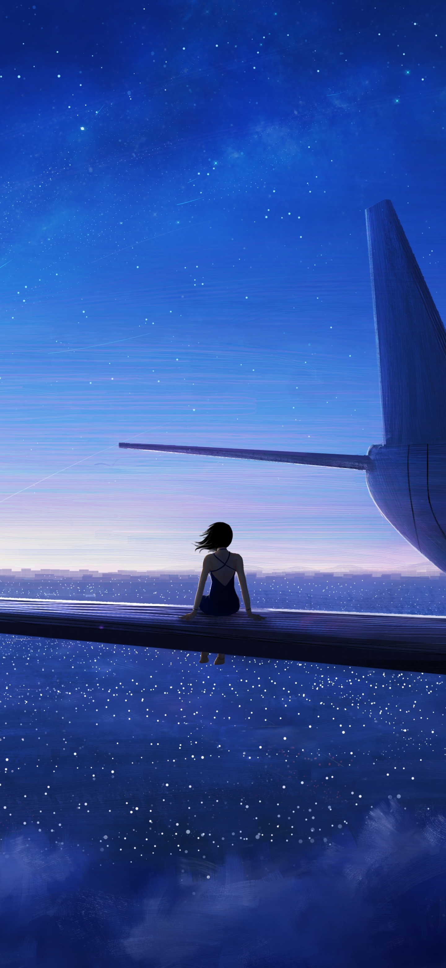 Download mobile wallpaper Anime, Sky, Starry Sky, Aircraft, Original, Shooting Star for free.