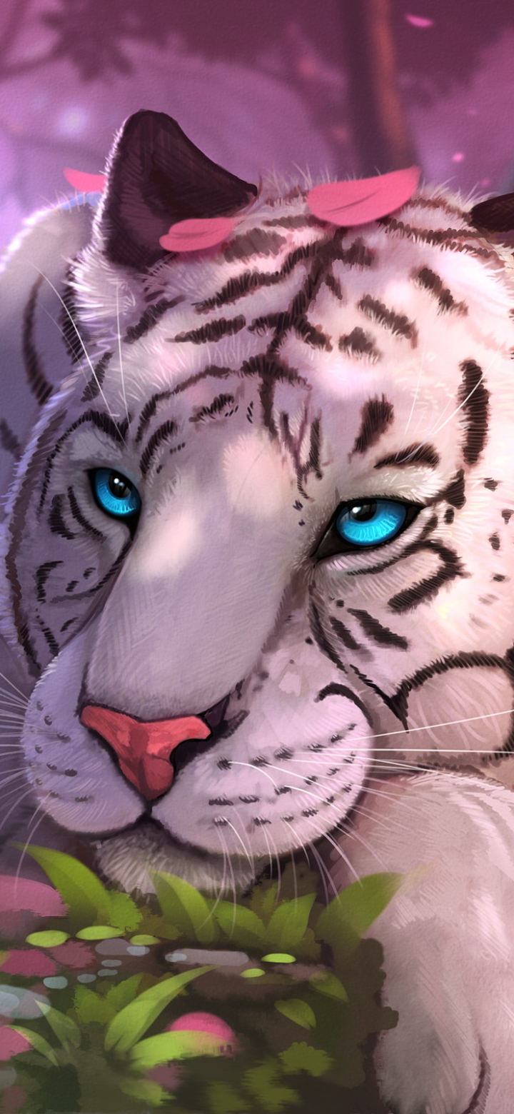 Скачати мобільні шпалери Тигр, Пелюстка, Фантазія, Білий Тигр, Блакитні Очі, Фантазійні Тварини безкоштовно.