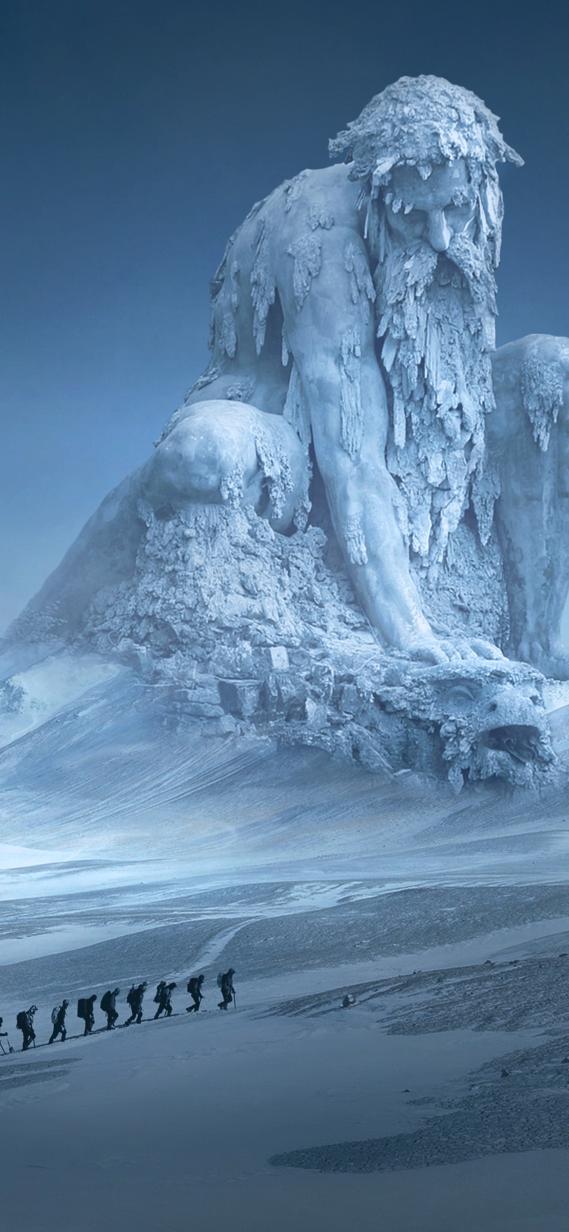 Download mobile wallpaper Landscape, People, Winter, Fantasy, Moon, Snow, Statue, Adventure for free.