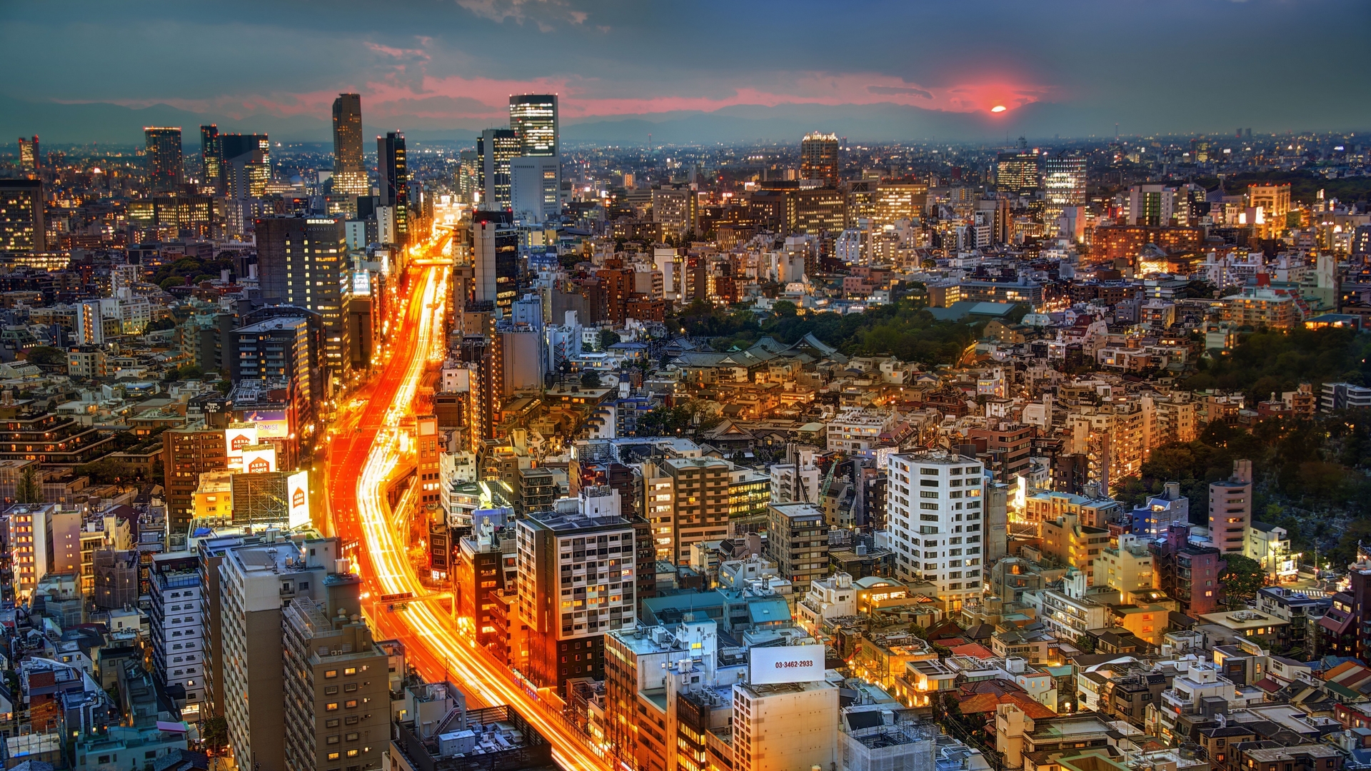 Скачати мобільні шпалери Панорама, Токіо, Японія, Будівля, Міста, Створено Людиною, Дорога, Захід Сонця безкоштовно.