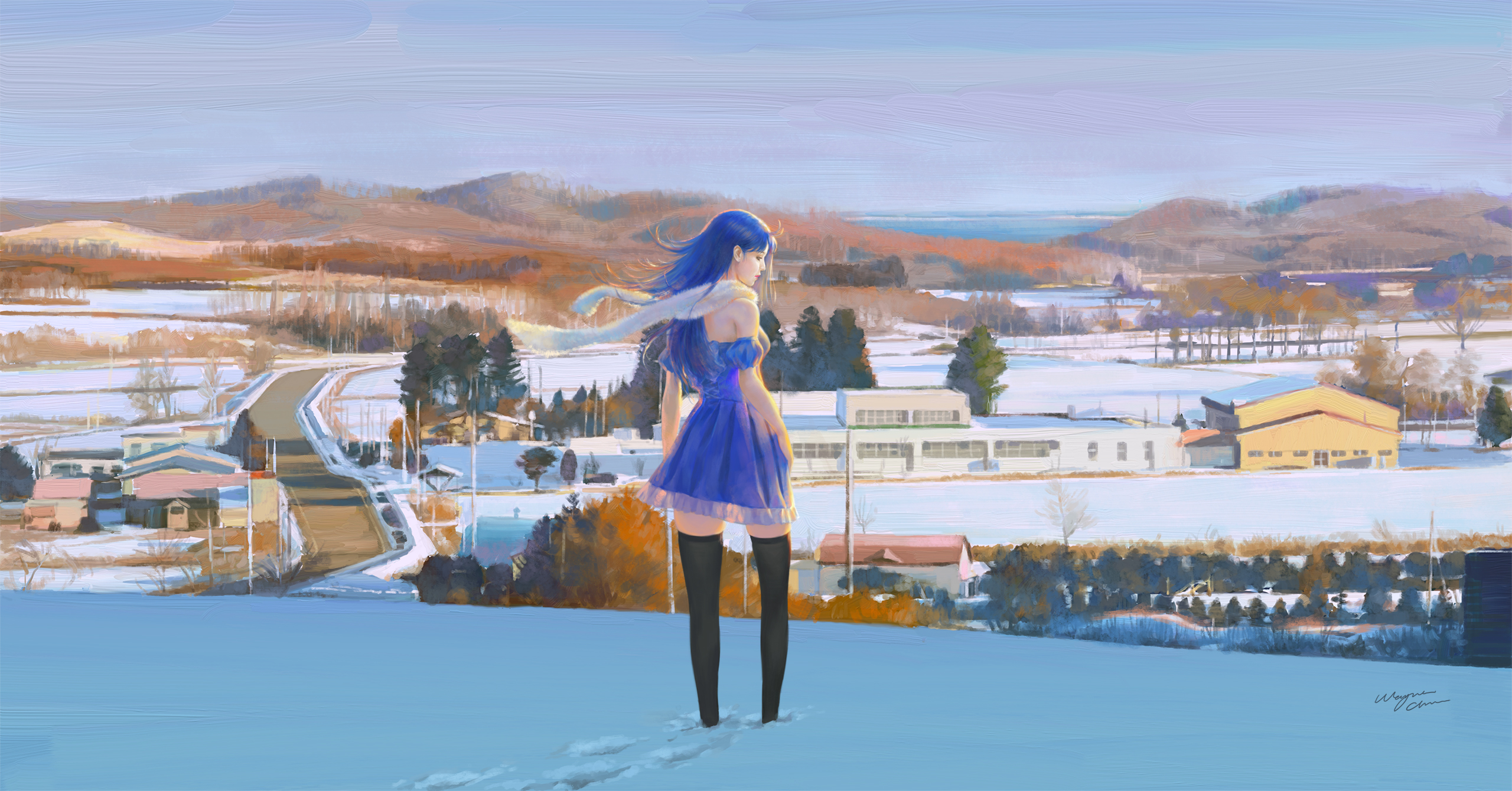 Laden Sie das Winter, Schnee, Kleid, Schal, Original, Blaue Haare, Animes, Lange Haare, Oberschenkel Höhen, Blaues Kleid-Bild kostenlos auf Ihren PC-Desktop herunter