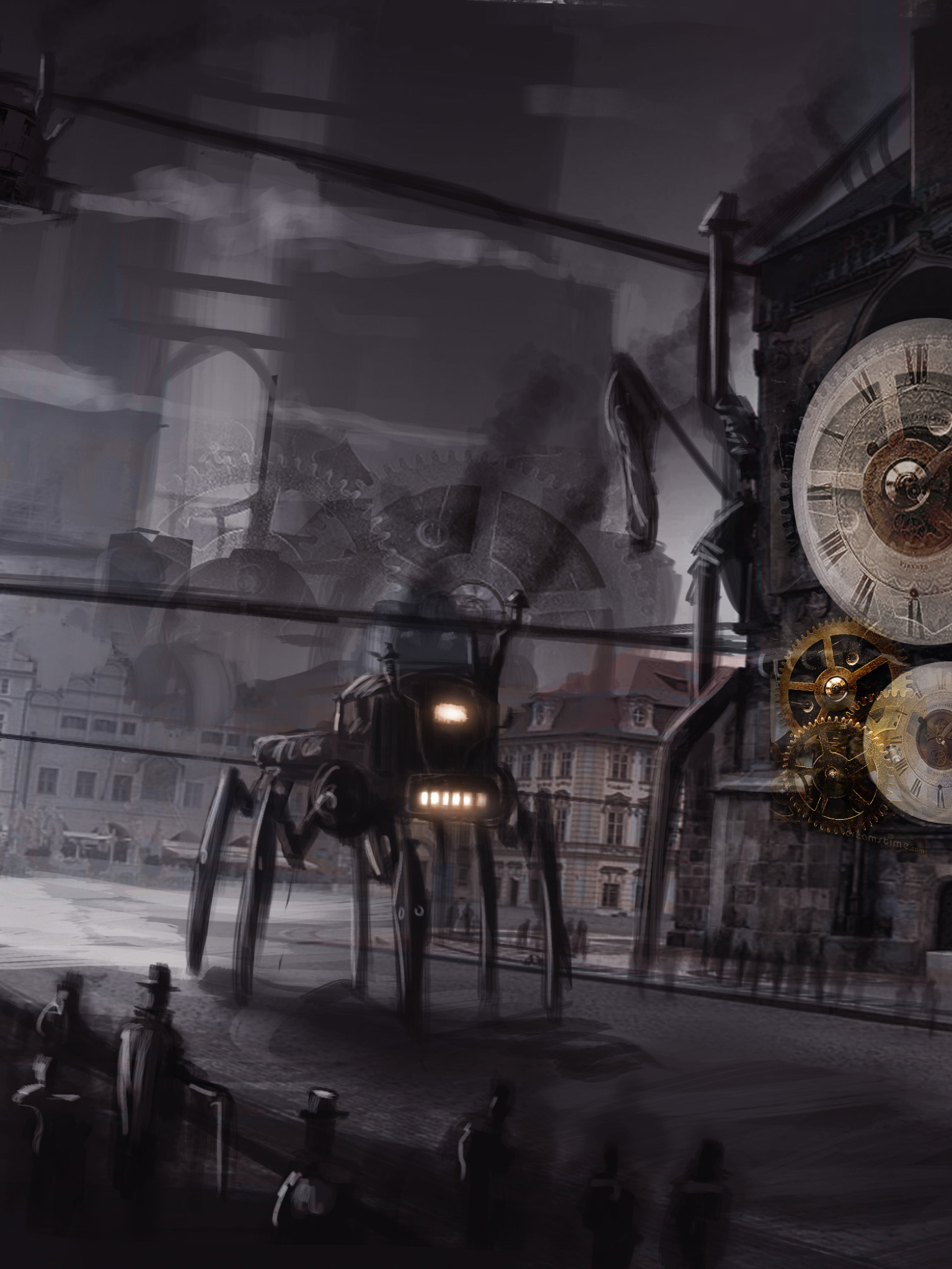 Download mobile wallpaper Night, Clock, City, Robot, Sci Fi, Steampunk for free.