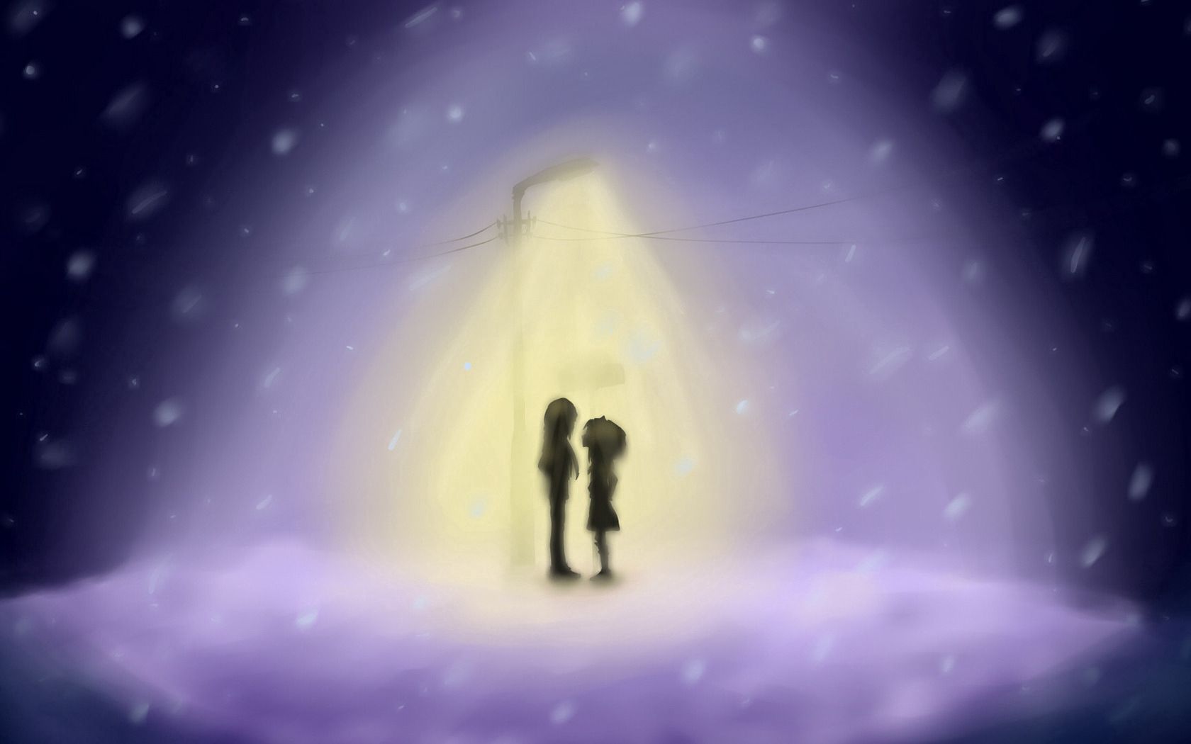 winter, love, shine, light, picture, drawing, lamp, lantern, girl, guy, snowfall, flakes
