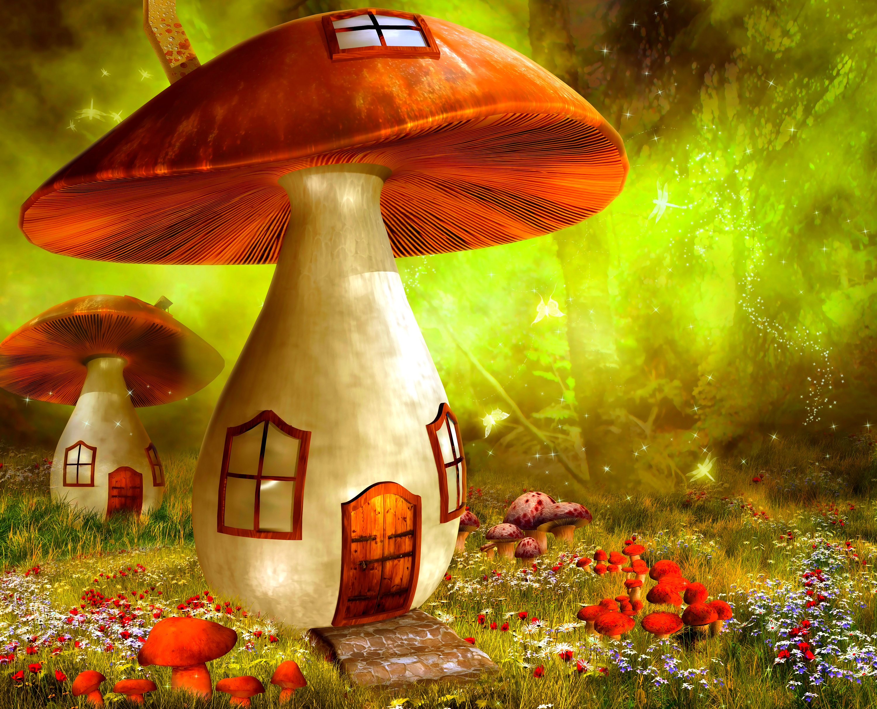 Free download wallpaper Fantasy, Flower, House, Mushroom, Spring, Cottage on your PC desktop