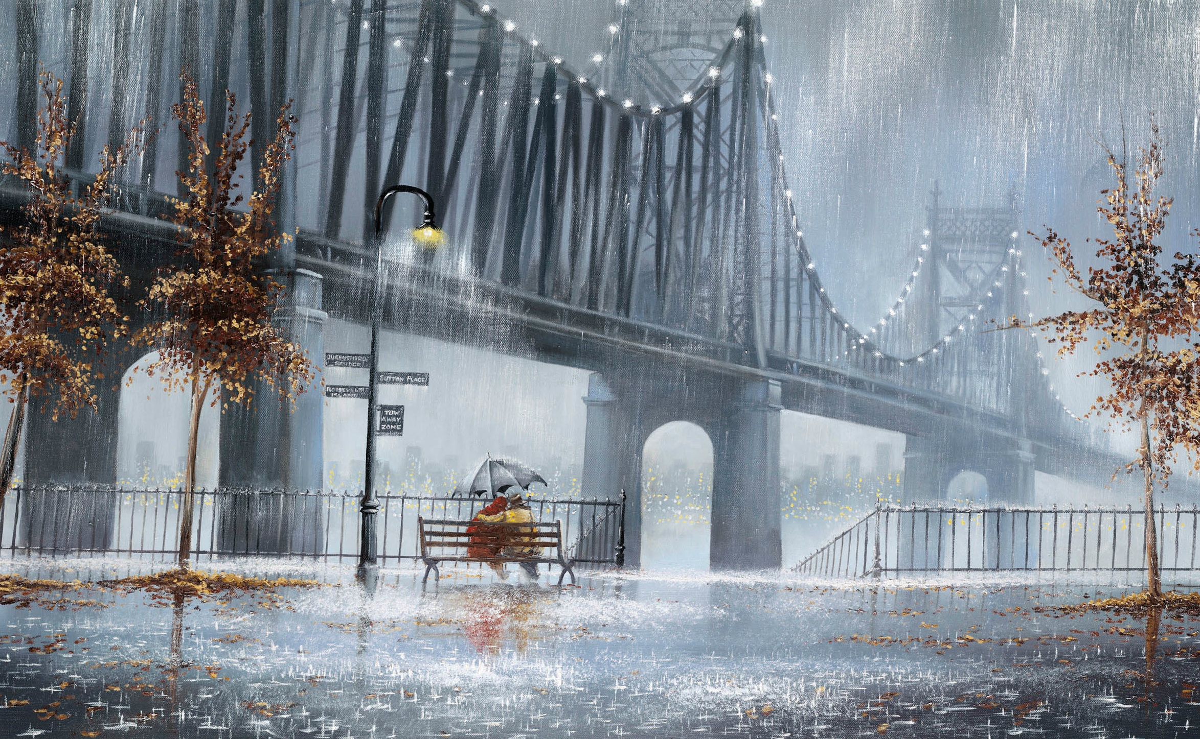 pair, umbrella, lanterns, bench, rain, couple, trees, lights, miscellanea, miscellaneous, street, two HD wallpaper