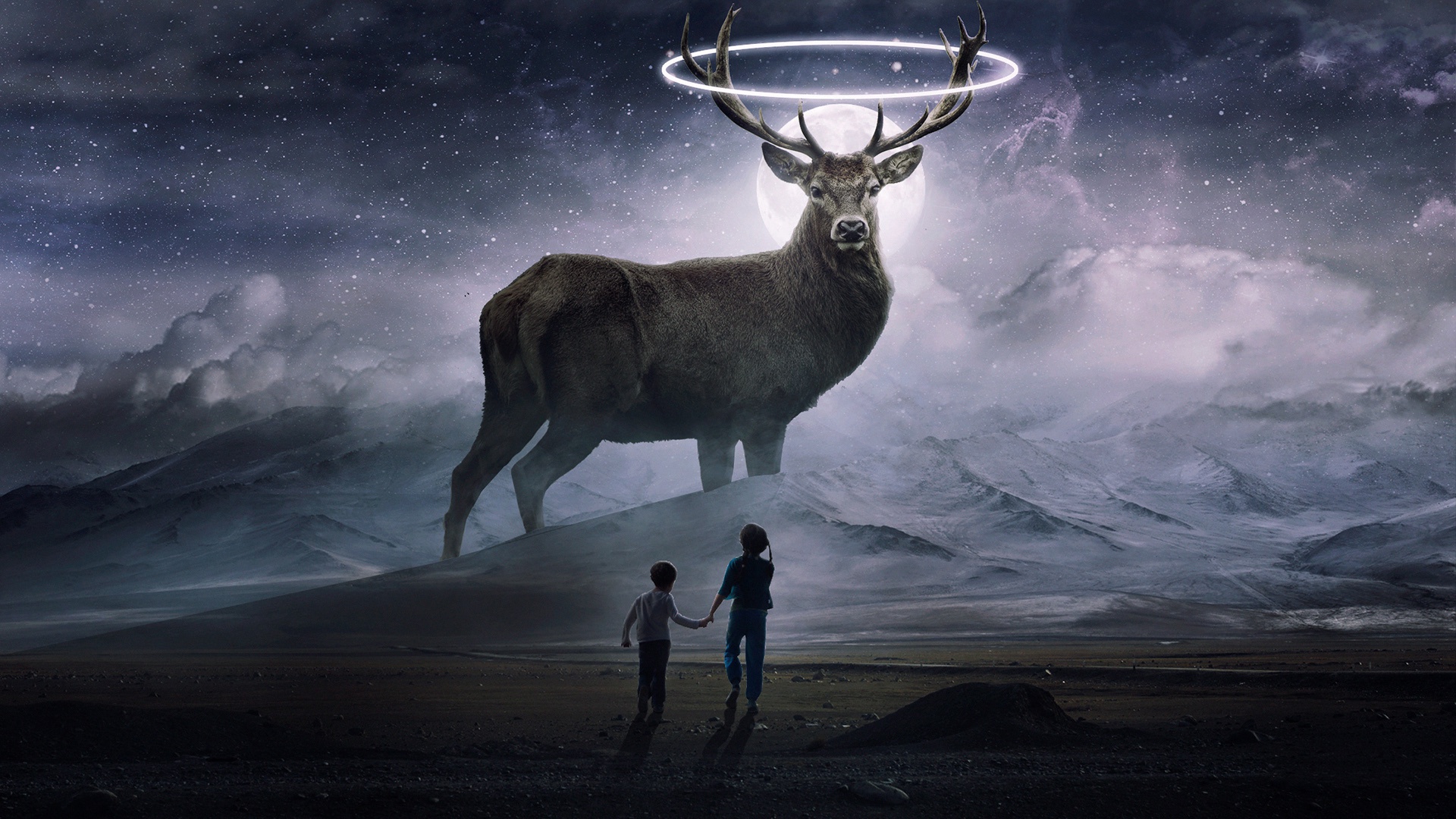 Free download wallpaper Fantasy, Moon, Mountain, Deer, Child, Fantasy Animals on your PC desktop