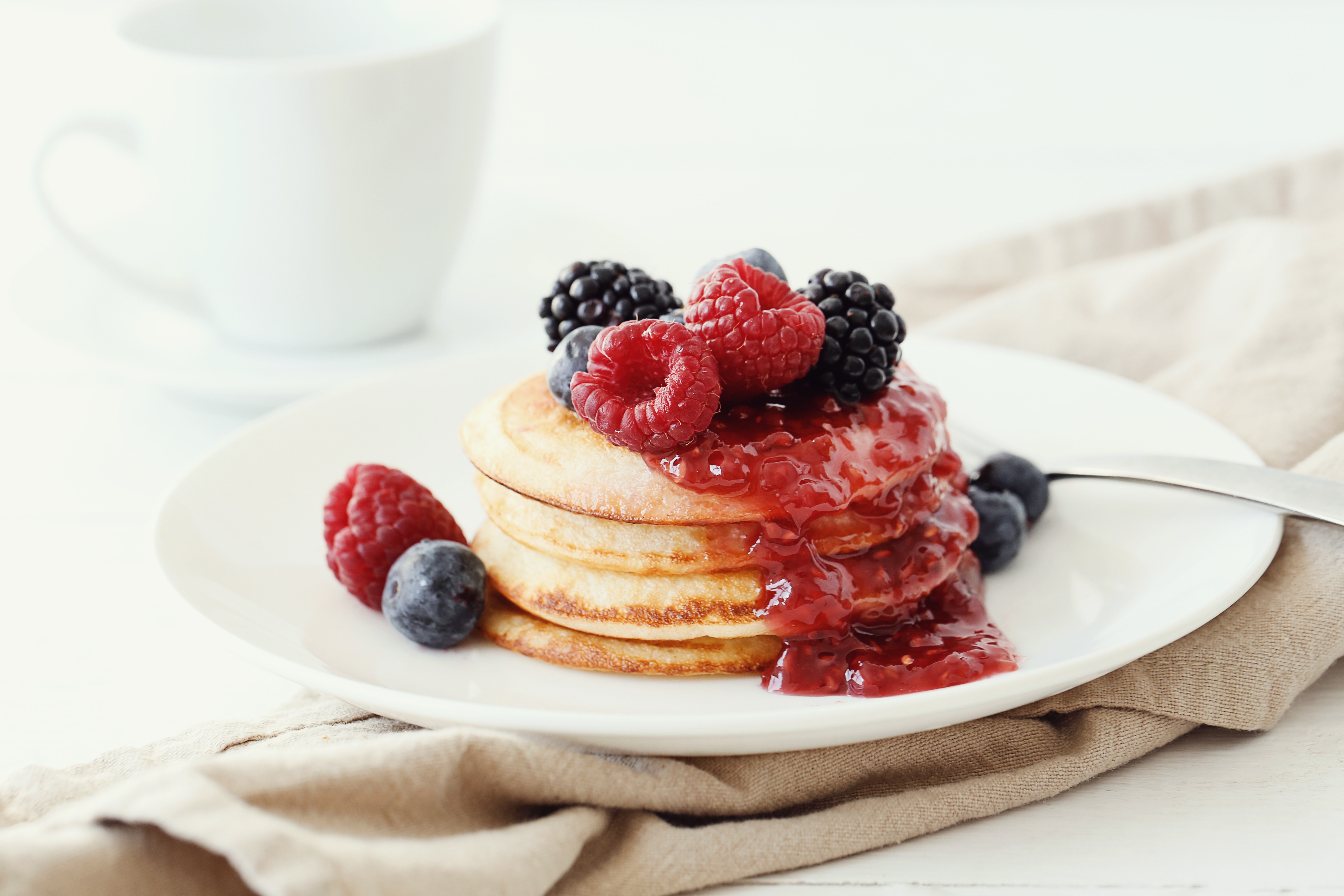 Download mobile wallpaper Food, Blueberry, Raspberry, Blackberry, Berry, Jam, Breakfast, Pancake for free.