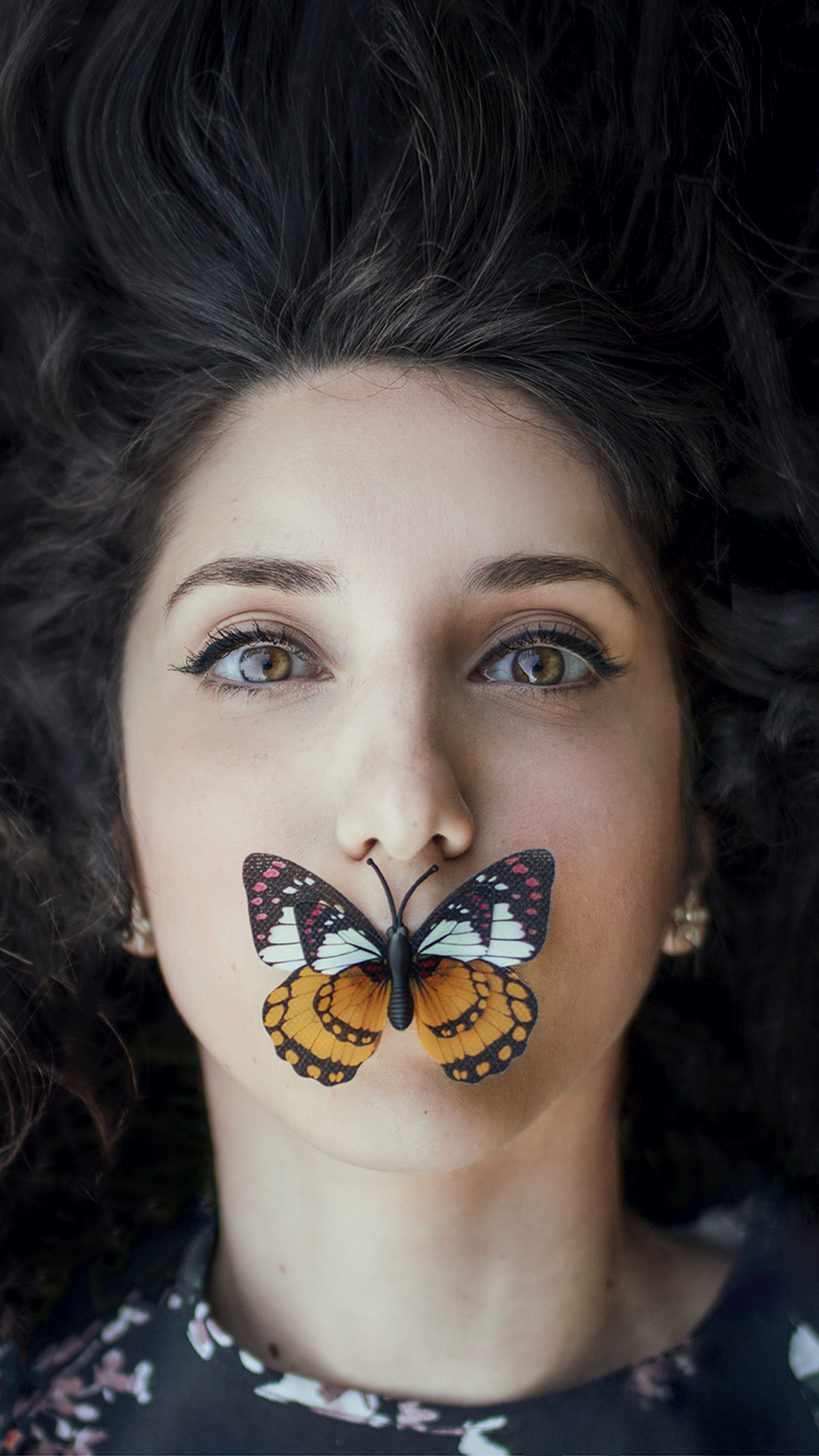 Download mobile wallpaper Butterfly, Face, Model, Women, Black Hair, Hazel Eyes for free.