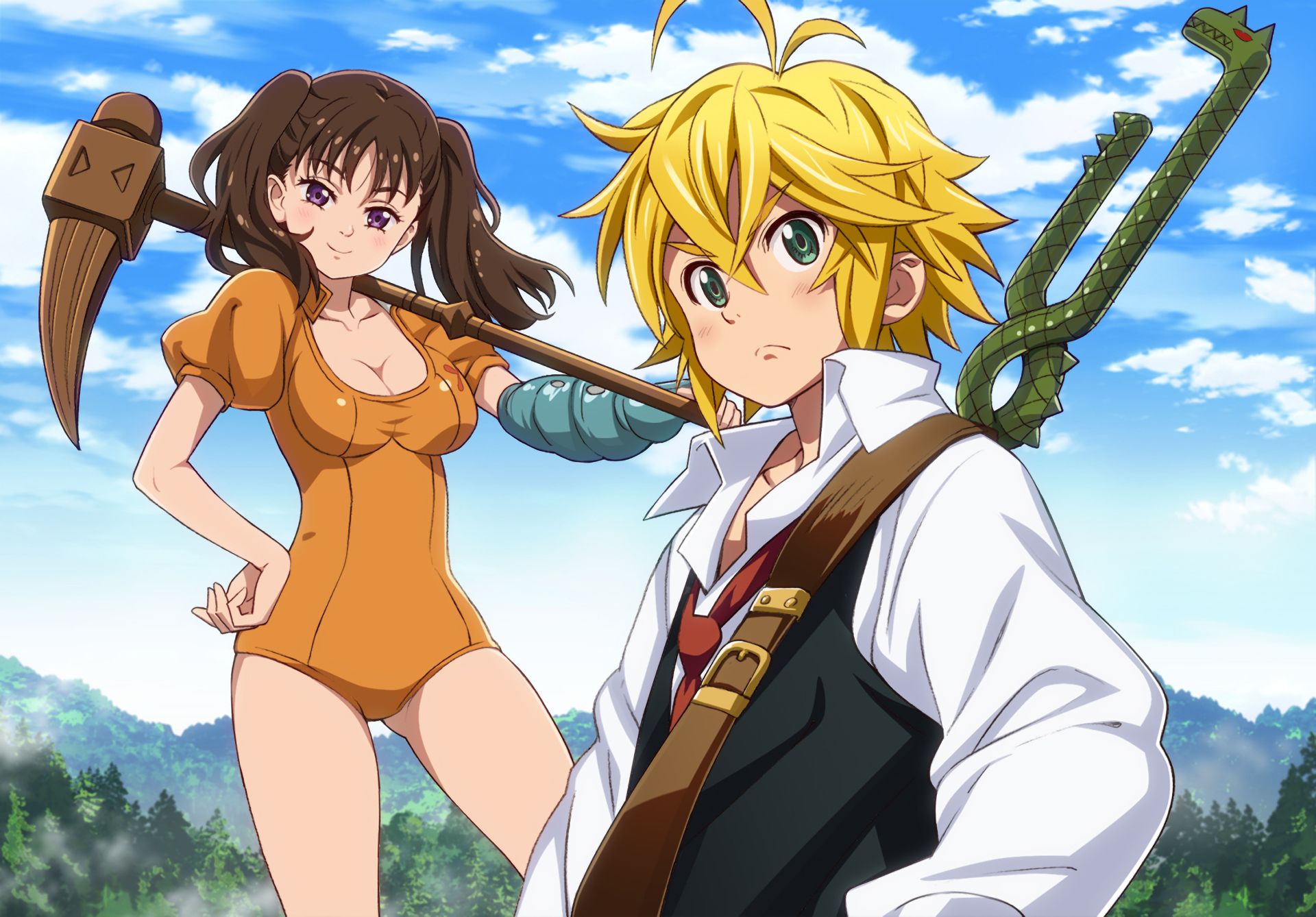 anime, the seven deadly sins, blonde, blush, brown hair, diane (the seven deadly sins), green eyes, hammer, meliodas (the seven deadly sins), purple eyes, smile, weapon