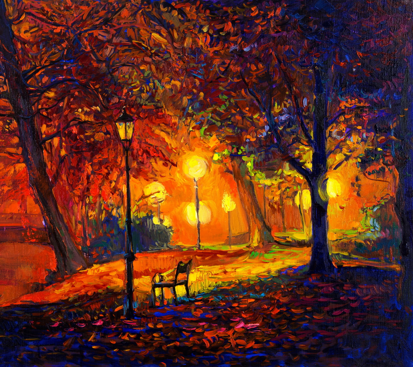Download mobile wallpaper Light, Park, Tree, Fall, Colorful, Bench, Painting, Artistic for free.