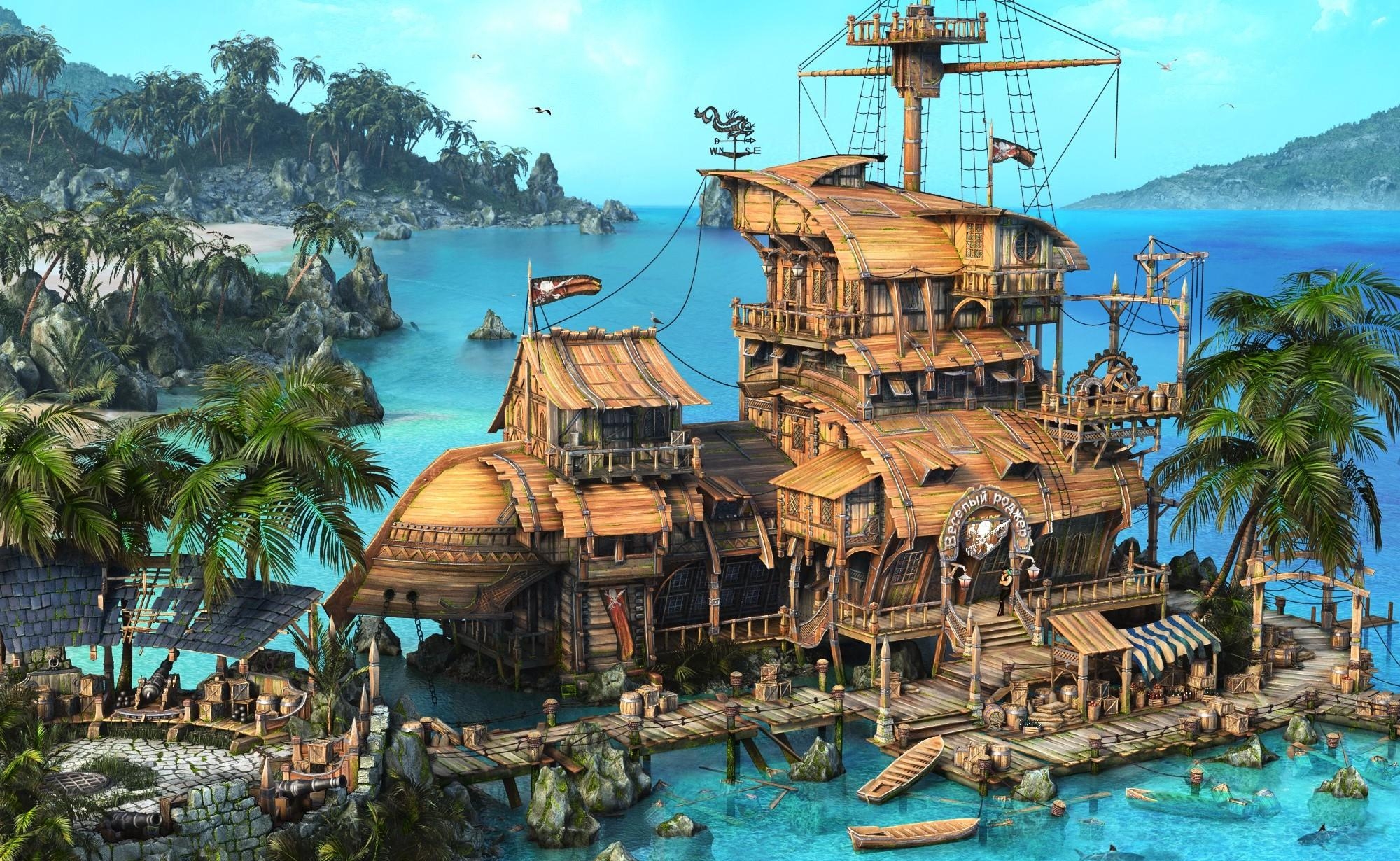 house, fantasy, ship, palms, ocean, island