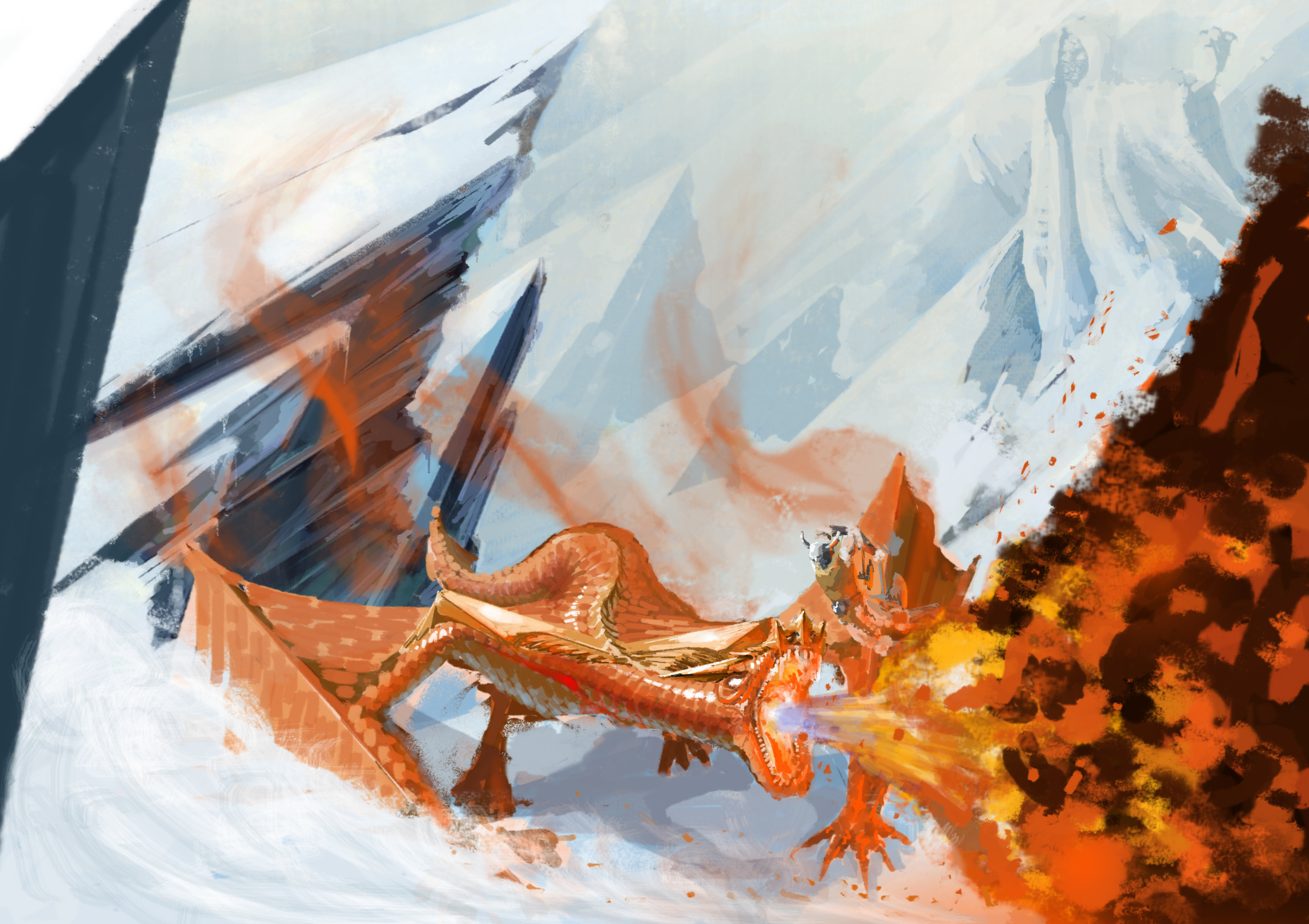 Free download wallpaper Fantasy, Snow, Mountain, Flame, Dragon on your PC desktop