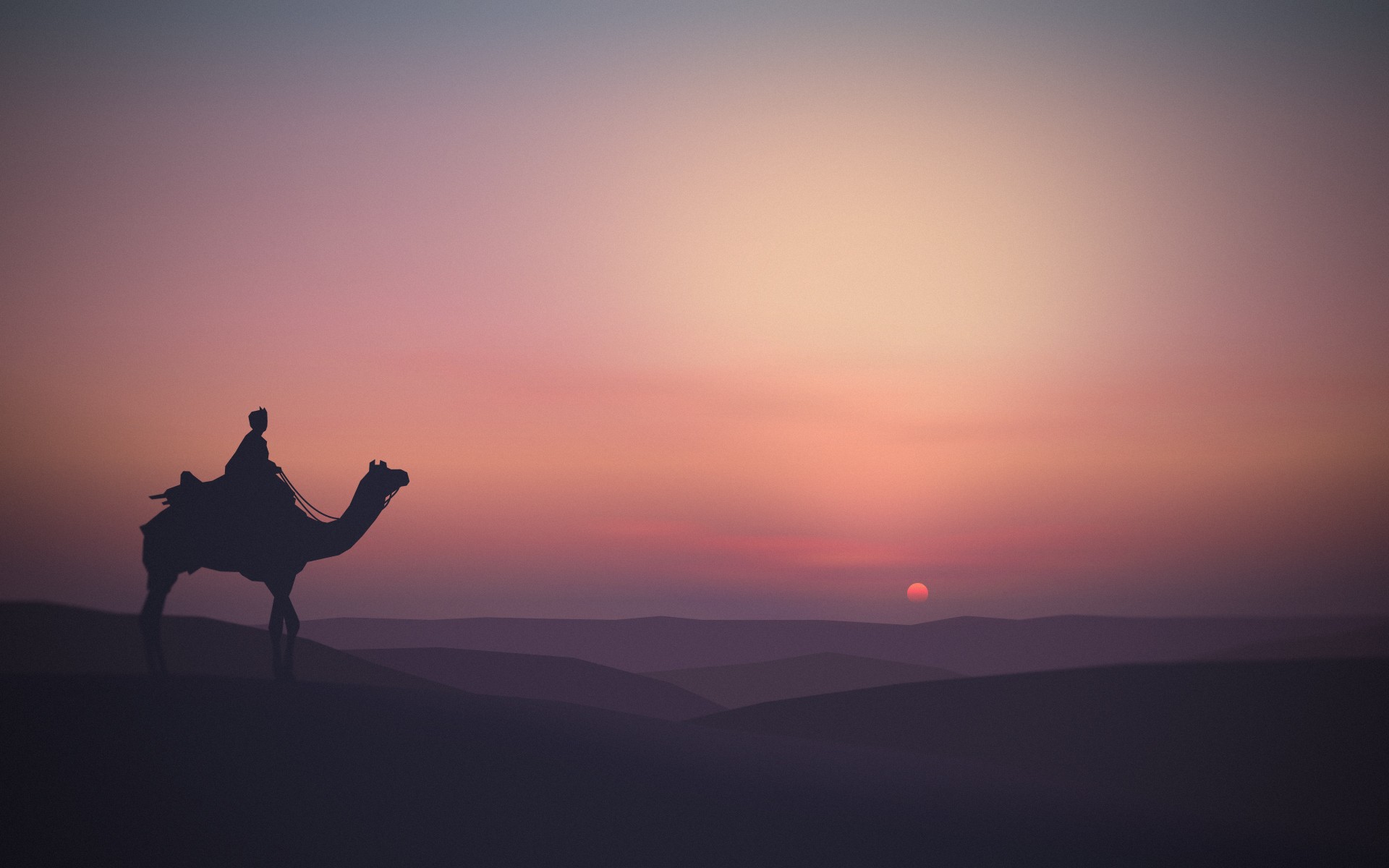 Download mobile wallpaper Desert, Horizon, Silhouette, Animal, Camel for free.