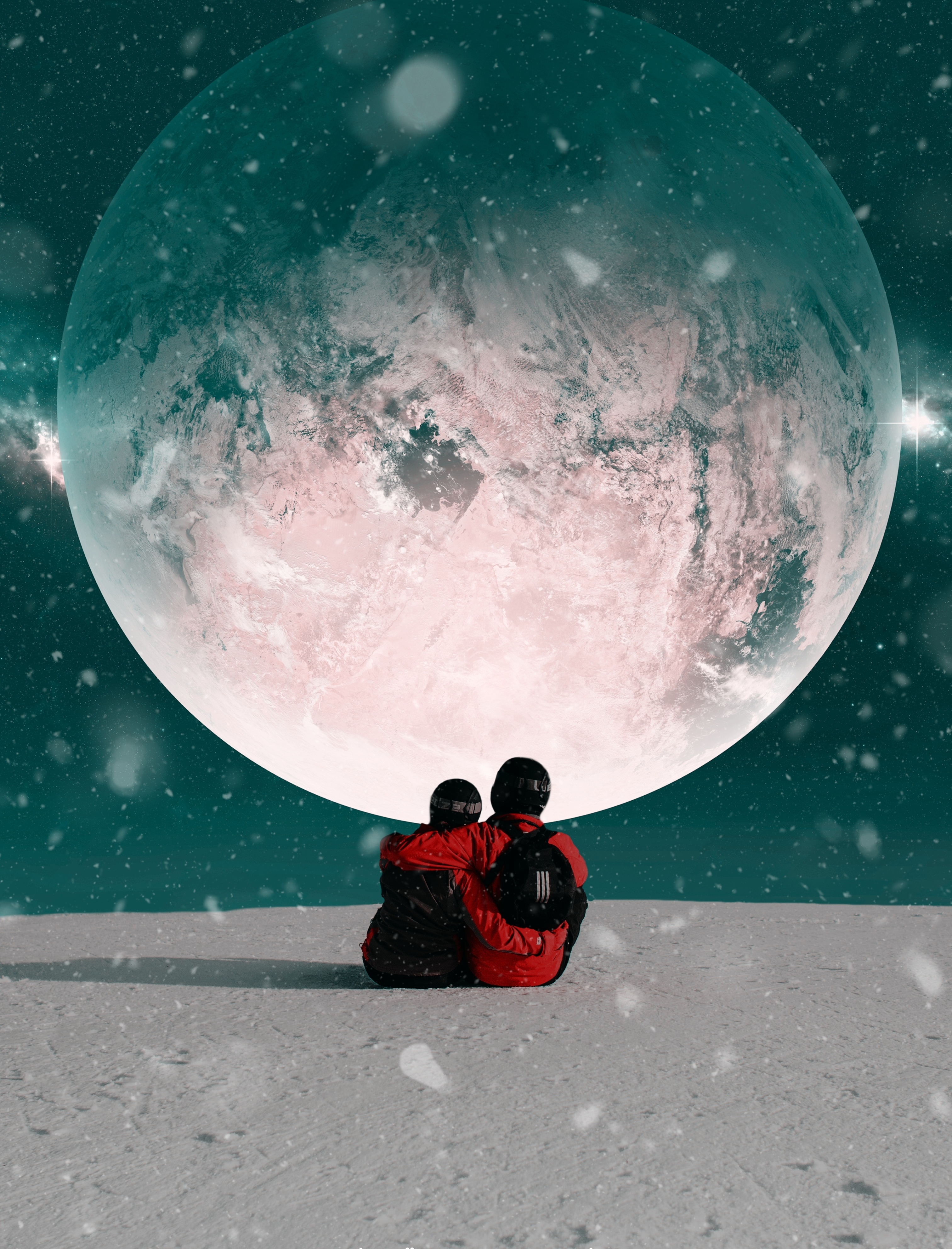 universe, moon, snow, love, couple, pair, embrace