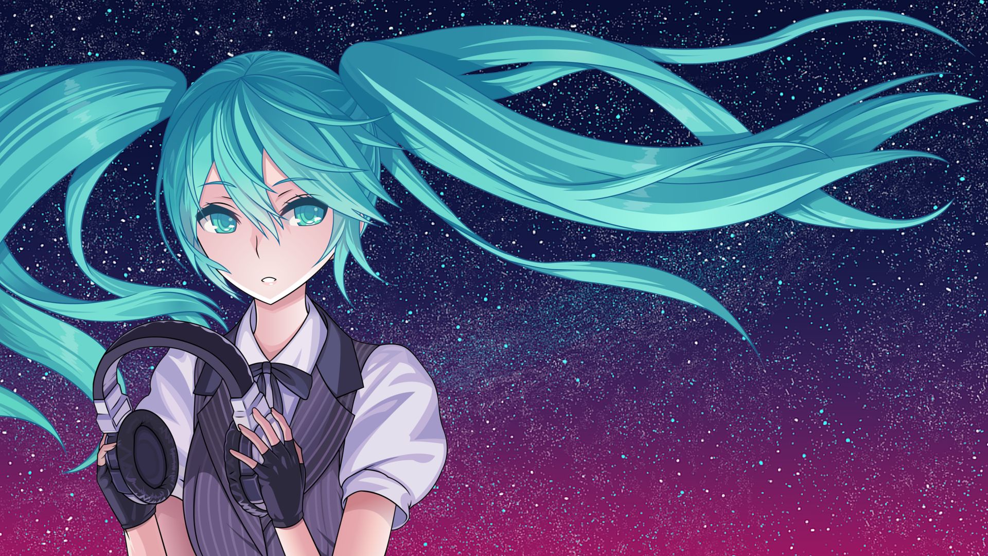 Download mobile wallpaper Anime, Headphones, Starry Sky, Vocaloid, Blue Eyes, Blue Hair, Hatsune Miku, Twintails for free.